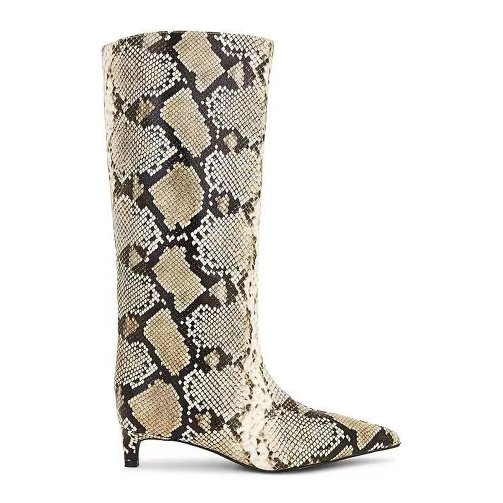 QIV Studded Knee High Boots Women Pointed Toe Kitten Heel Mid Wide Calf Boots with Zipper