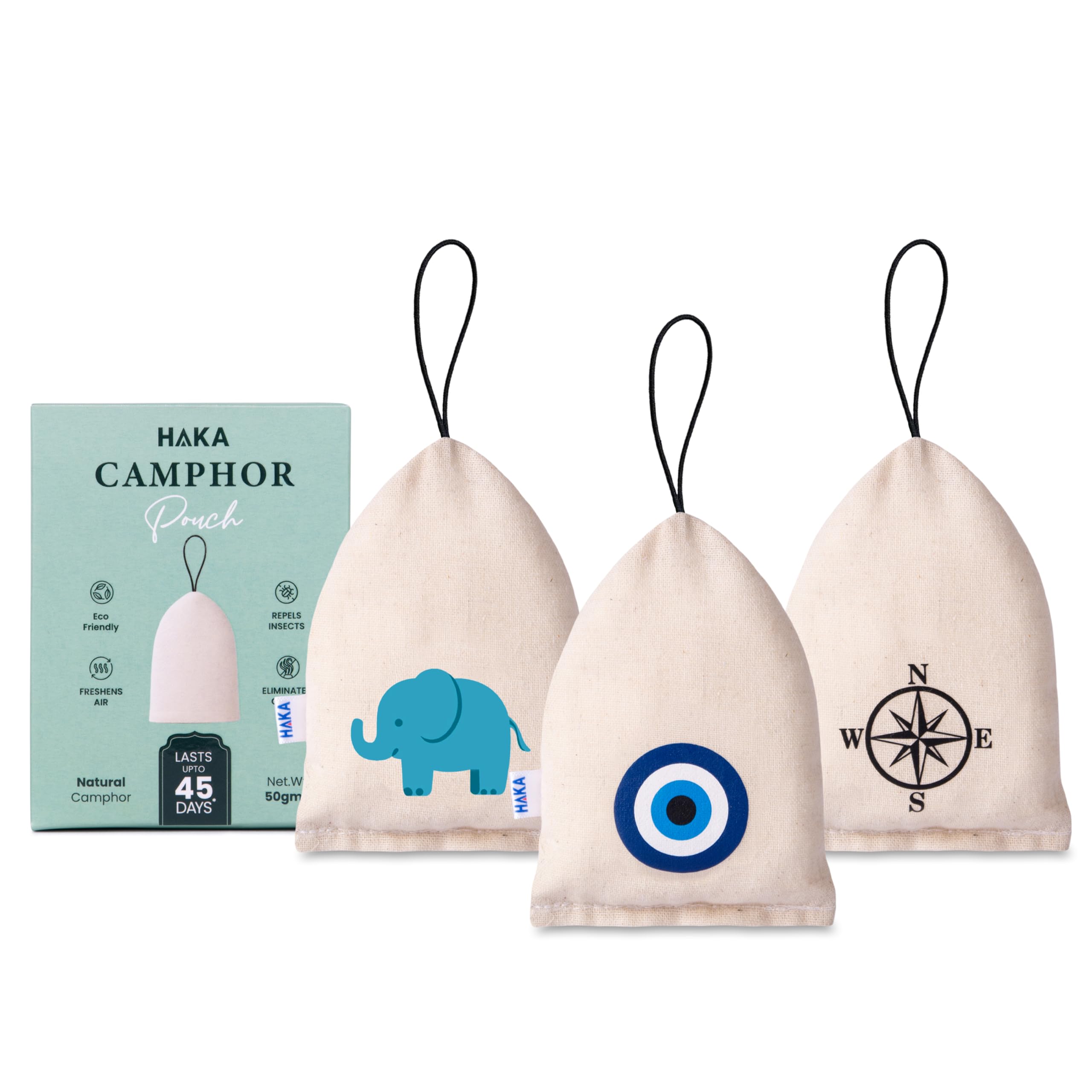 Haka Camphor Pouch –100% Pure Camphor | Multipurpose Natural Chemical Free Air Freshener for Car, Wardrobe, Bathroom & Room | Eco-Friendly Aroma Bag (Pack of 3) (Evil Eye, Compass, Elephant, Natural)