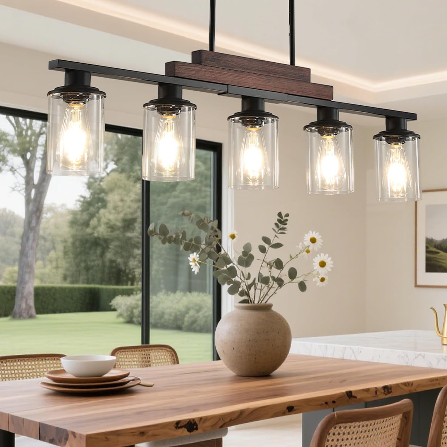 37" inch 5-Light Kitchen Island Lighting,Black Modern Rustic Wood Ceiling Pendant Light Fixtures, with Clear Glass Shade, Dining Room Light Fixture/Chandelier Over Table