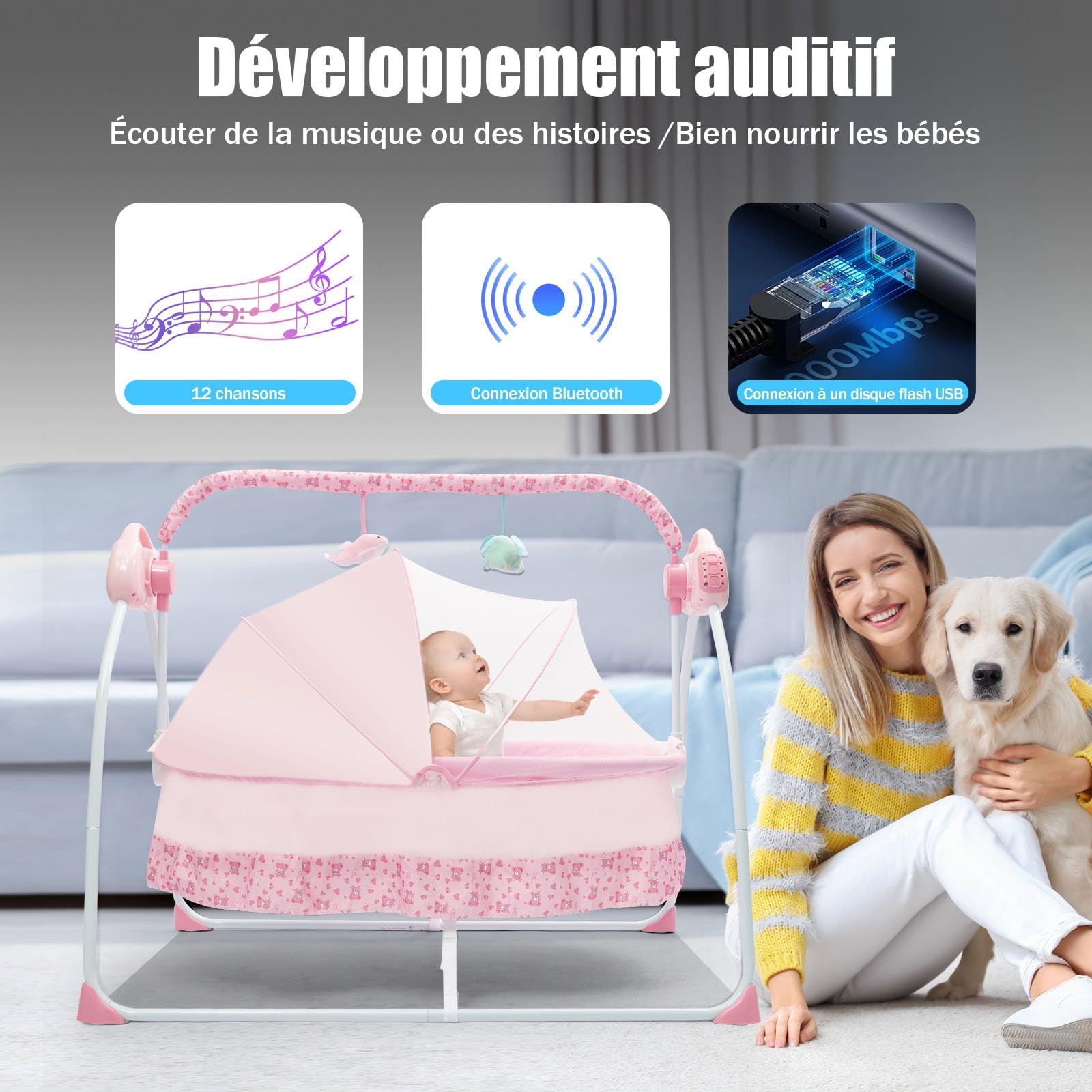 Berceau électrique pour bébé, lit Bebe indépendant, 0-25 kg, 100 * 75 * 86cm, transat Automatique avec Bluetooth, 5 réglages de Balancement, Berceau Pliable et Portable, Rose