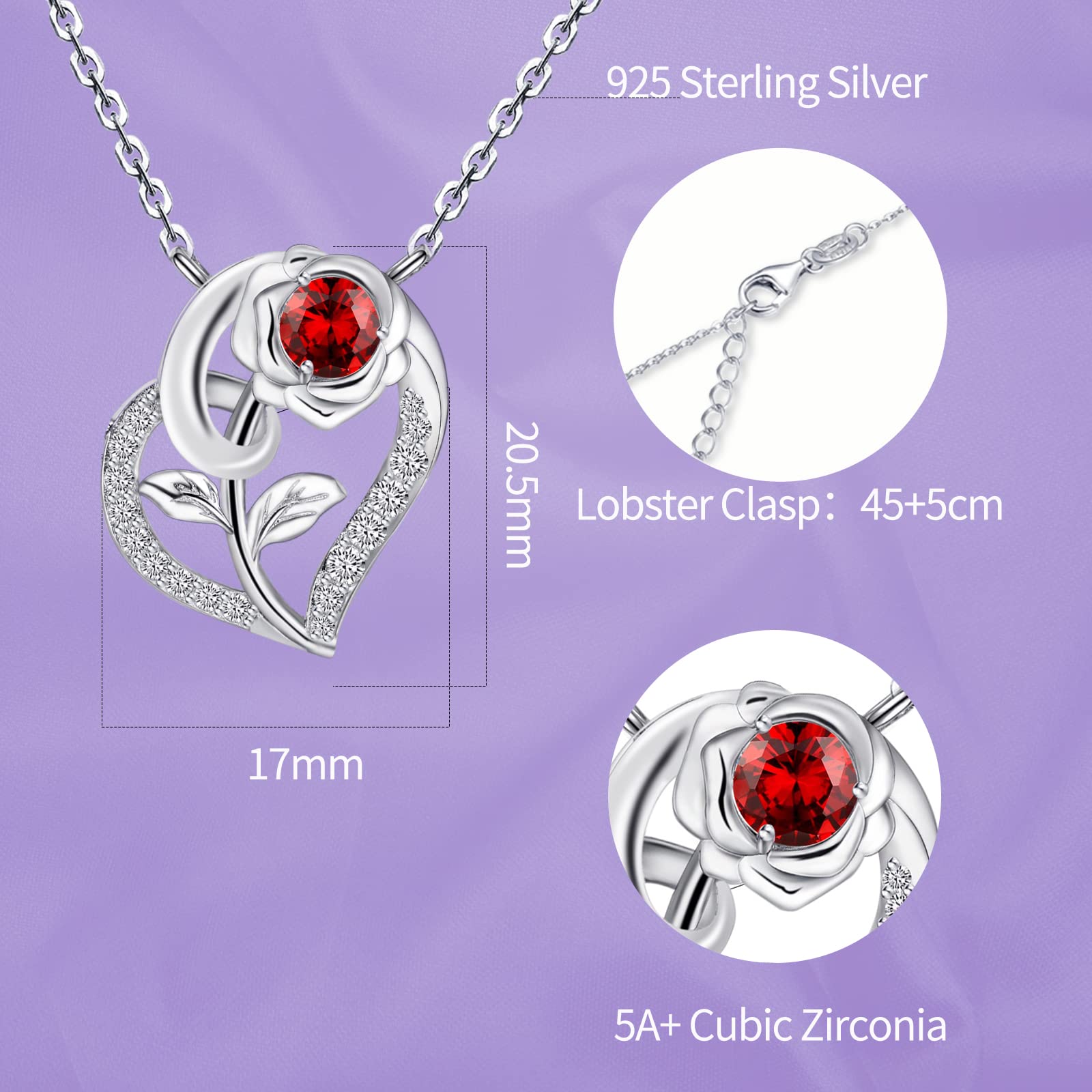 Qings Collana Donna Cuore Rosa Fiore Argento 925 Collana Ciondolo Pietra Portafortuna con Zirconi Romantico Compleanno San Valentino Regali di Natale Gioielli per la Fidanzata Moglie