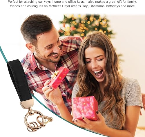 Miniatura 6 de Llavero de cuero genuino para automóvil, soporte universal de metal resistente con anillo en D antipérdida para hombres y mujeres (dorado-negro)