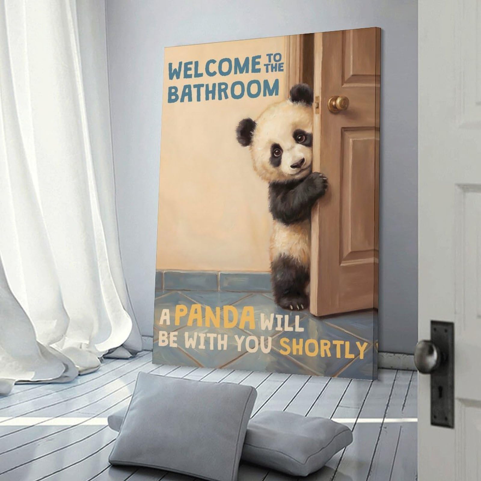 Junmoney Welcome to The Bathroom Panda Canvas Art Print 12x18inch(30x45cm), for Office Decor, Home Working Or Creative Rooms, An Interior Accent for Desk Areas