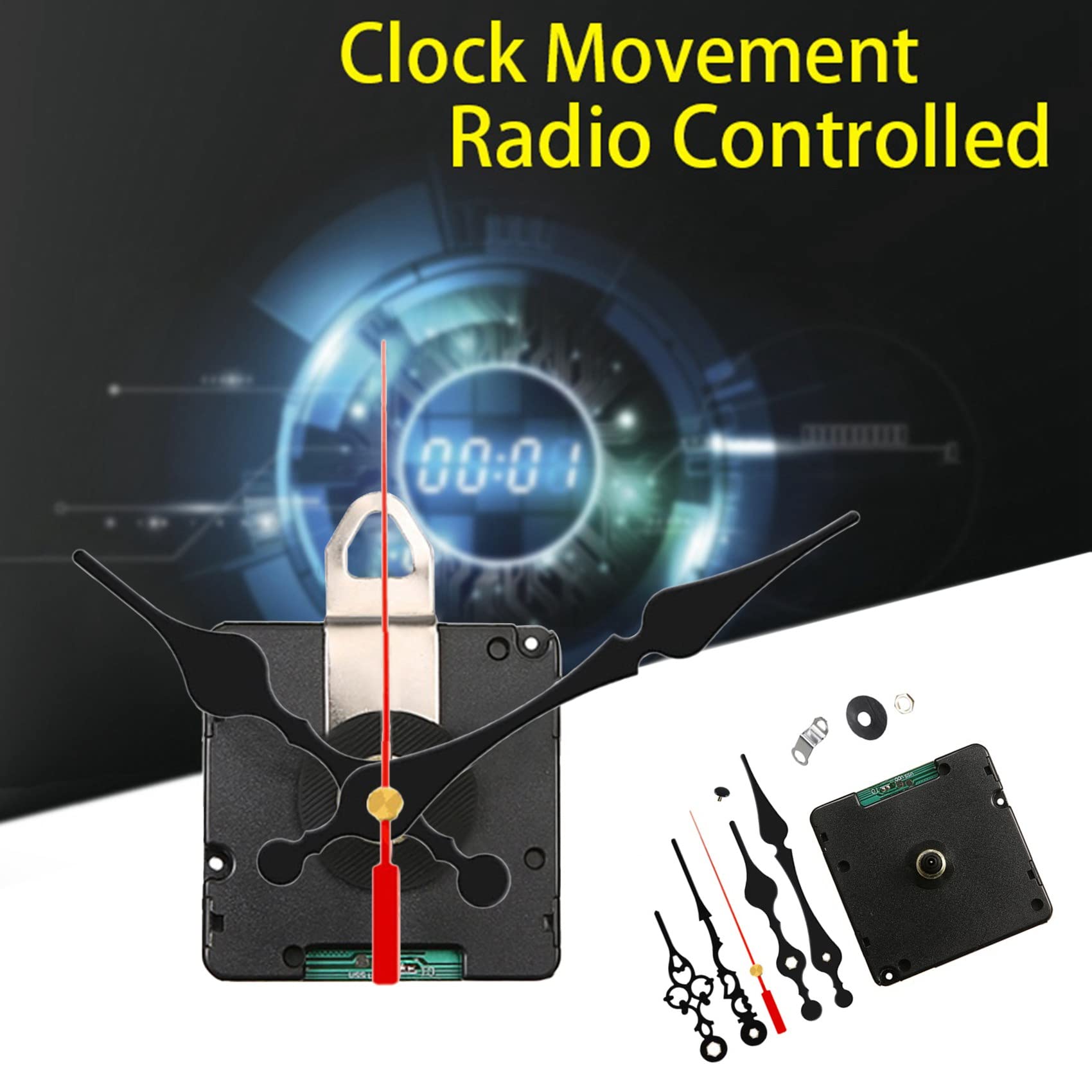 Aoreun Mouvement d'Horloge à Quartz, mécanisme Horloge Murale Mouvement DCF Radio-piloté avec Jeux d'aiguilles Mecanisme Horloge pour l'horloge de Bricolage Mouvement Silencieux - Noire
