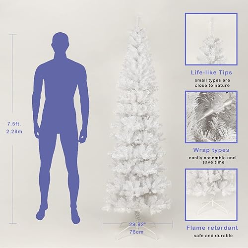 Miniatura 7 de Árbol de Navidad artificial delgado de 7.5 pies, árbol de Navidad blanco festivo con 1000 puntas de ramas, árbol de Navidad realista delgado con