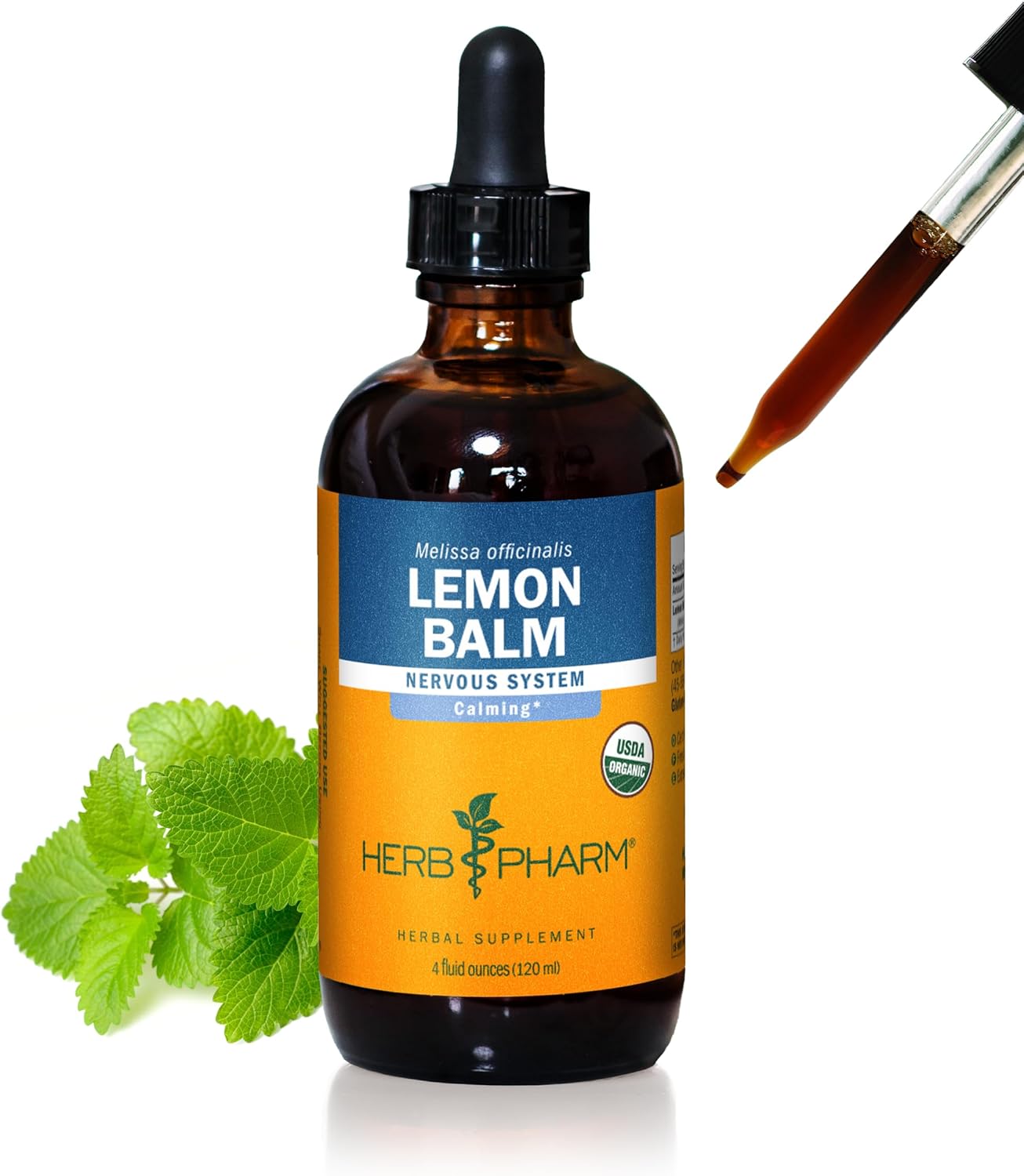 Herb Pharm Certified Organic Lemon Balm Liquid Extract for Calming Nervous System Support, Organic Cane Alcohol, 4 Ounce