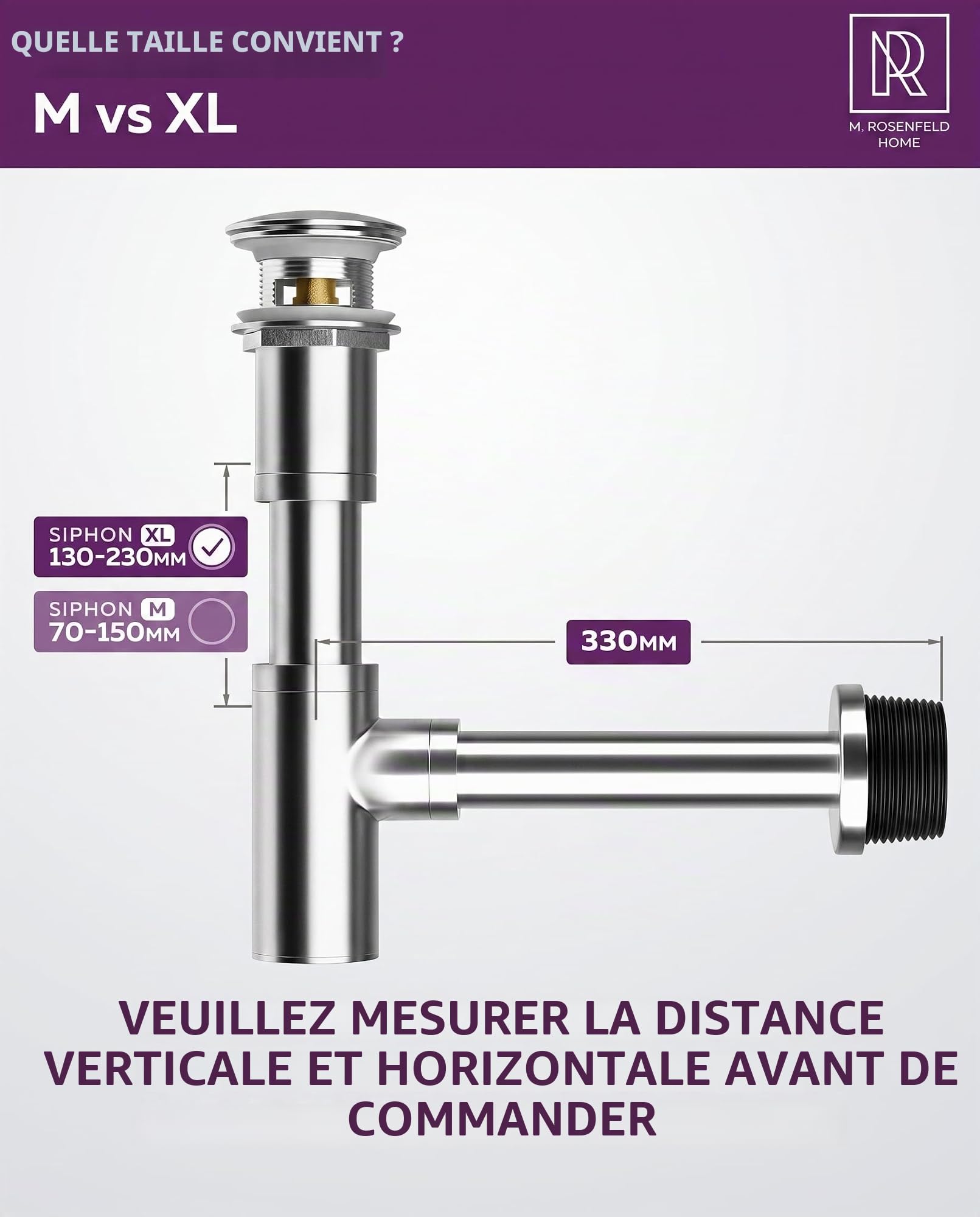 M. ROSENFELD HOME Siphon de design pour lavabo avec ensemble de vidange avec trop-plein extra long - avec valve de vidange pop-up siphon tubulaire anti-odeurs avec joints d'étanchéité inclus
