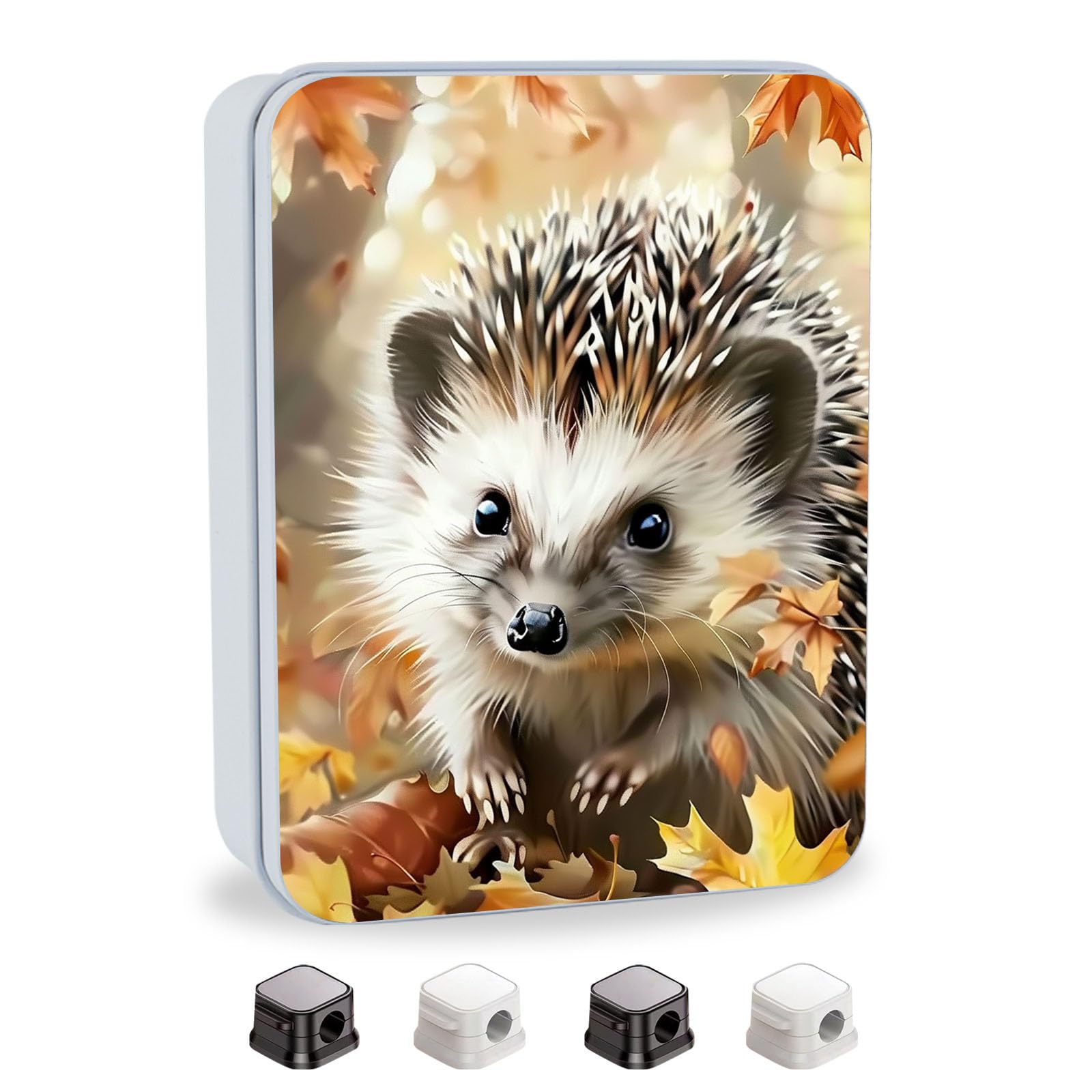 Metal Tin Box with Lid,Multi-functional Storage Large Box Can Store Tea Biscuits Game Cards, Playing &amp; Tarot Cards-Comes with 4 Magnetic Cord Clips,Hedgehog in Autumn Leaves