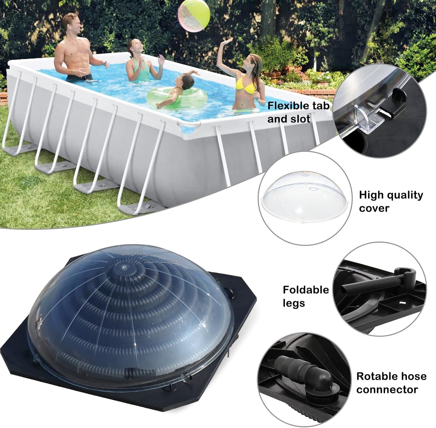 VINGLI Solar Pool Heater, Domed and Foldable Solar Powered Hot Water Heater for Above Ground and Inground Pools, Black