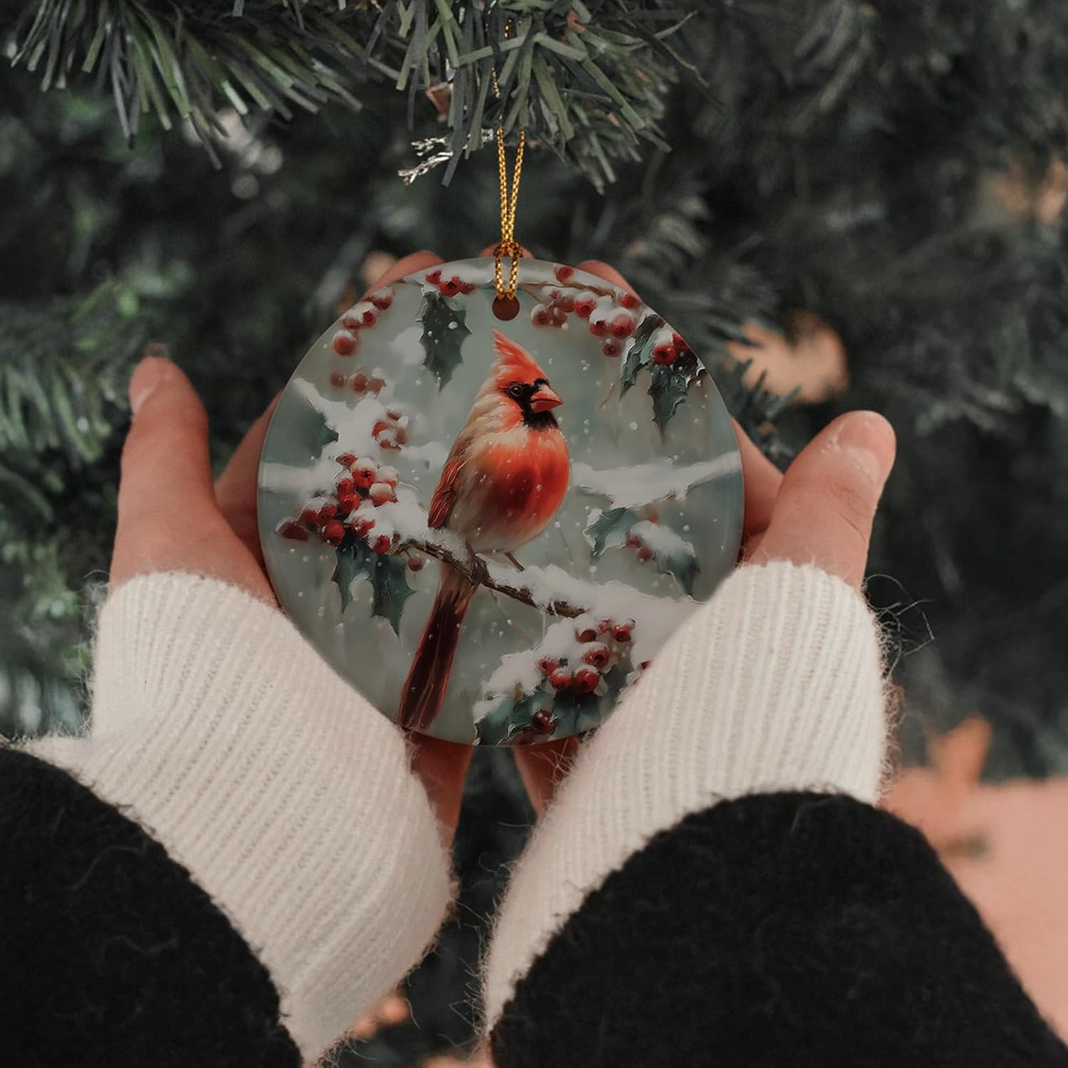 Cardinal Red Bird Christmas Winter Ceramic Ornaments, Snowy Branch Hanging Round Holiday Ornament Decor, Vintage Memorial Gifts Keepsake for Women Car Window Decorations 3in - Image 2