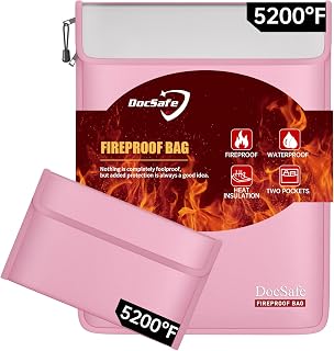 DocSafe Fireproof Document Bag (5200℉) with Fireproof Organizer Travel Case,Heat Insulated Fire&Water Resistant 8 Layers Safe Money Bag Storage for Important Documents,Cash,Power Bank,Valuables,Pink