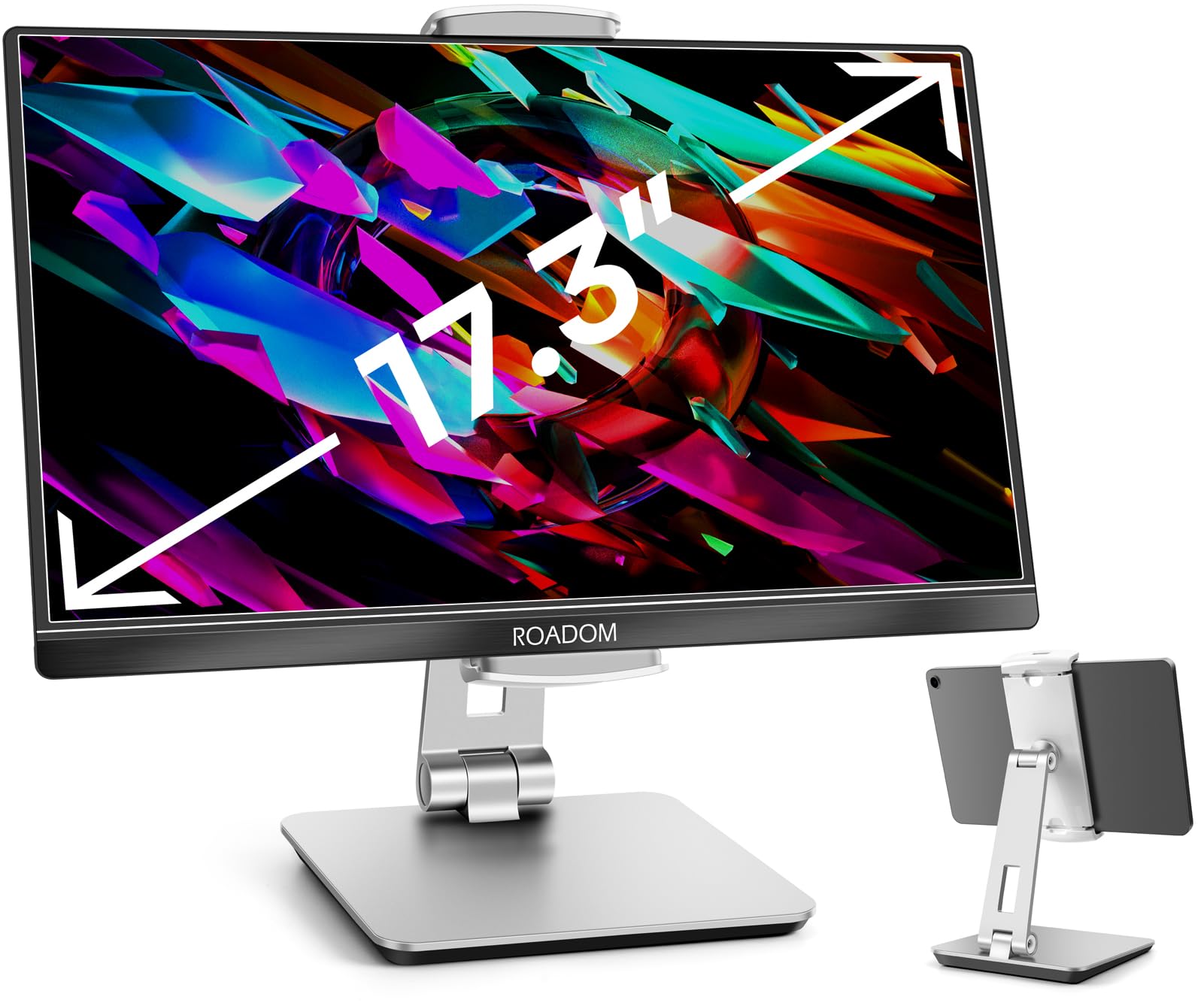 ROADOM Tablet Stand for Desk, Adjustable 360° Swivel Bracket, 180° Tiltable Clamp,Foldable Tablet Holder for 4.7-17.3'' Phone/Tablet/Portable Monitor, Aluminum Alloy, Silver