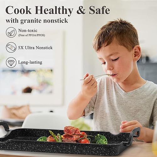 Miniatura 3 de Parrilla antiadherente para estufa, 16.5 x 12.0 pulgadas, sartén de granito de doble quemador, máquina de desayuno de inducción de aluminio fundido,