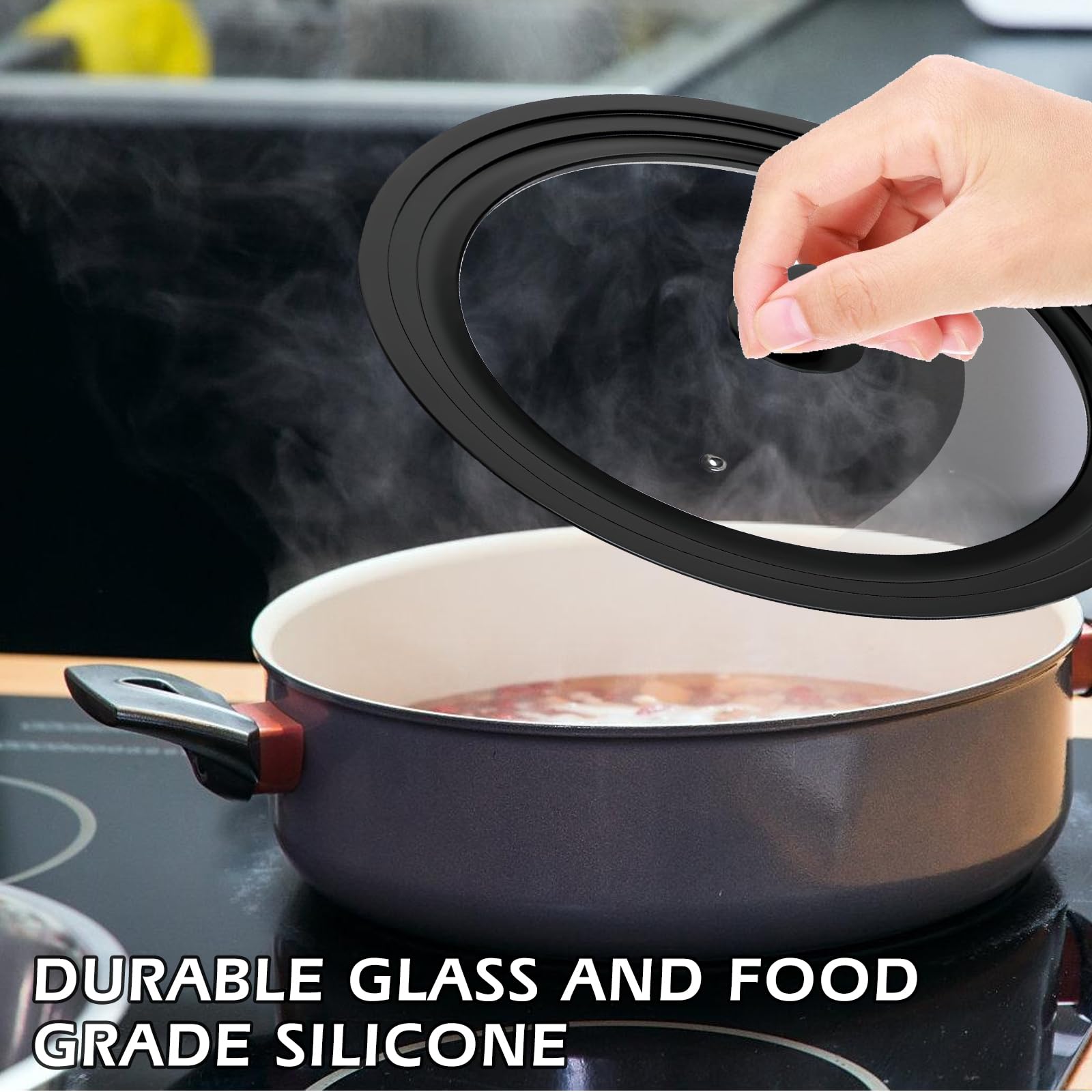 2 coperchi universali per padelle Ø 16/18/20 cm e 24/26/28 cm per pentole, coperchi in vetro per padelle con bordo in silicone resistente al calore, coperchio per pentola per cottura