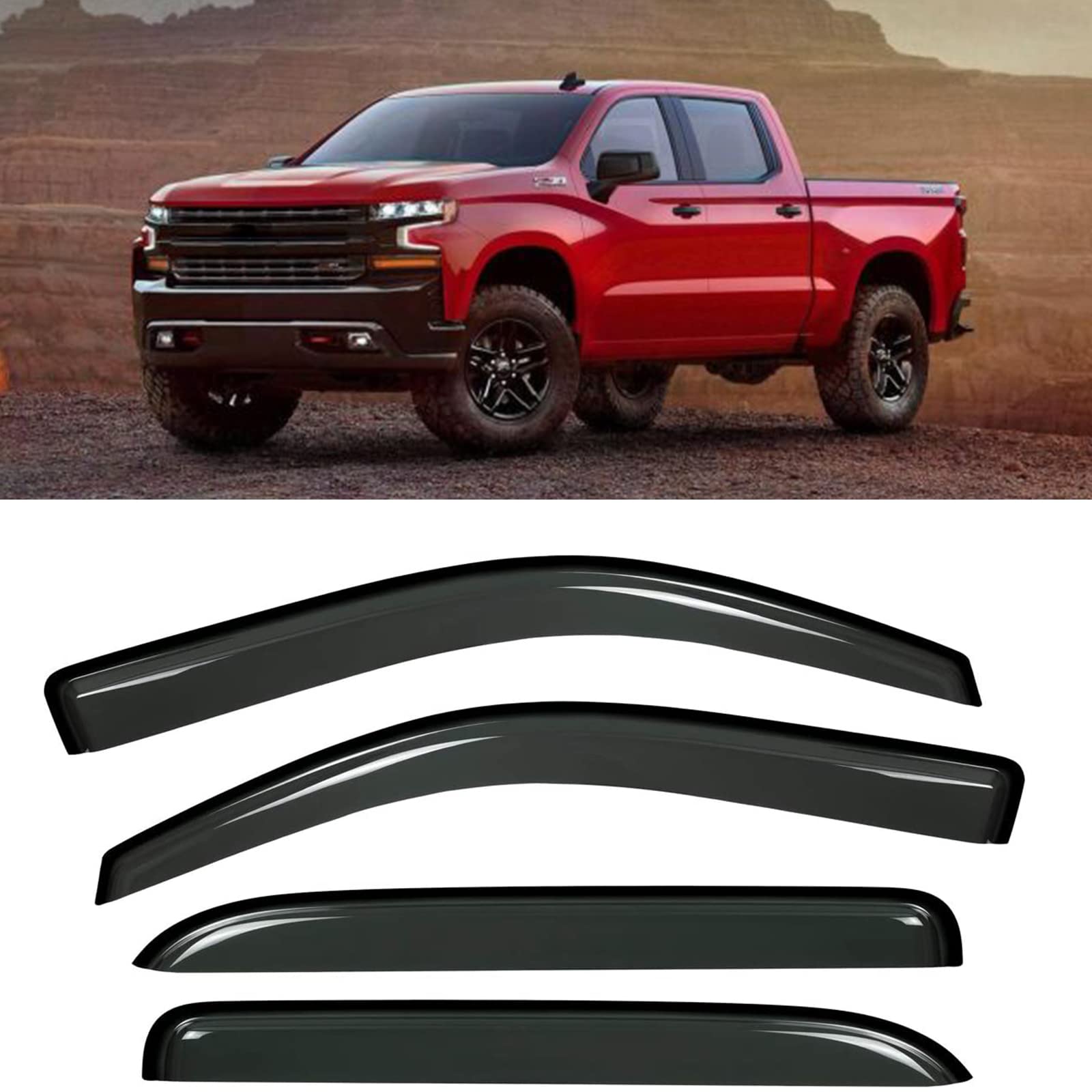 AUTOTOP4PCS Tape-On Window Visors Deflectors Sun Rain Guards for 2014-2018 Silverado & Sierra 1500 Crew, 2015-2019 Silverado & Sierra 2500HD - 3500HD Crew- Smoke