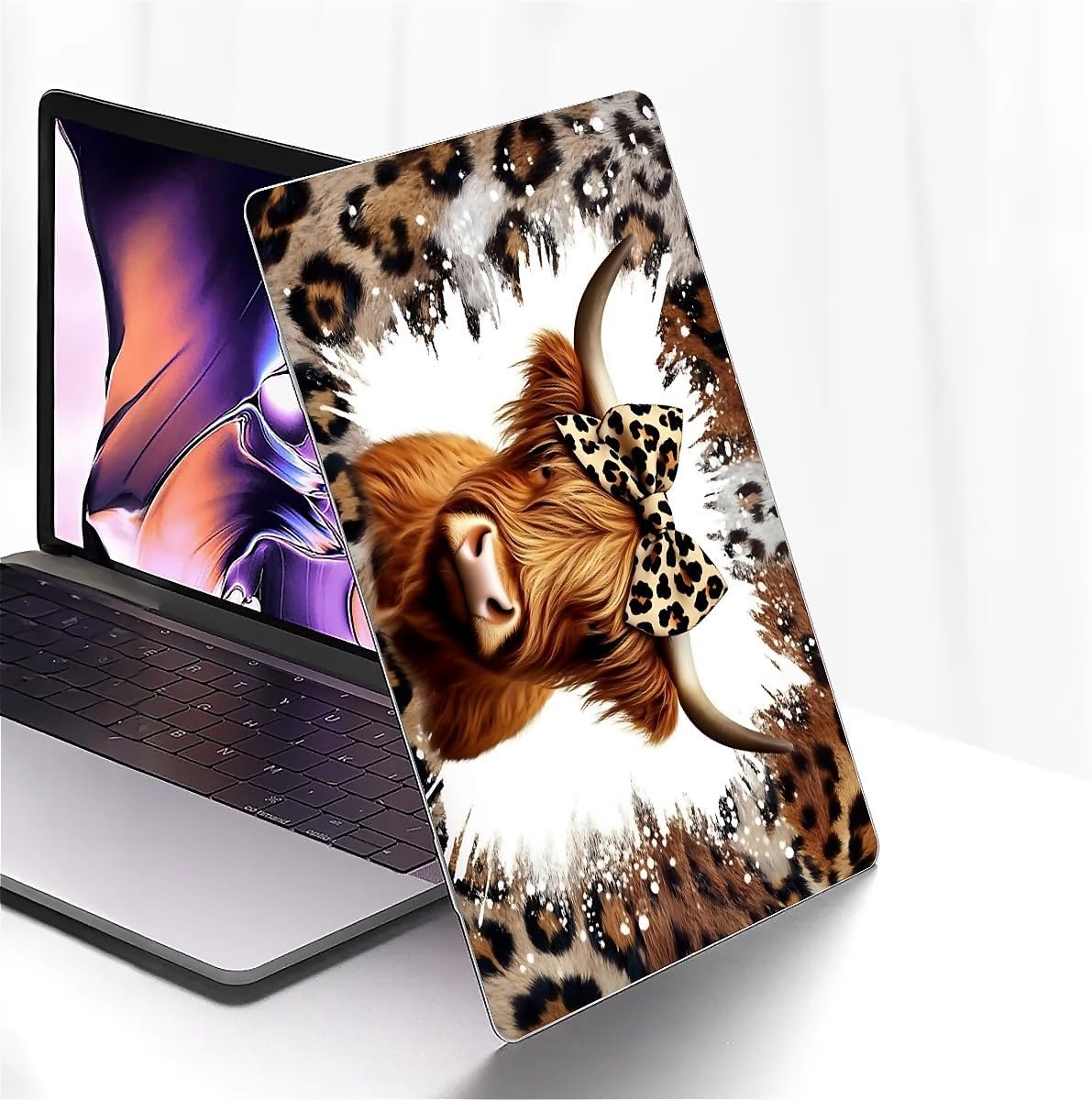 Compatible with MacBook Air 15 Inch Case 2023 M2 2025 M4 Chip Model A2941 A3241, Plastic Hard Shell Case for Mac Air 15 with Touch ID (2023) - Highland Cattle Leopard image 2