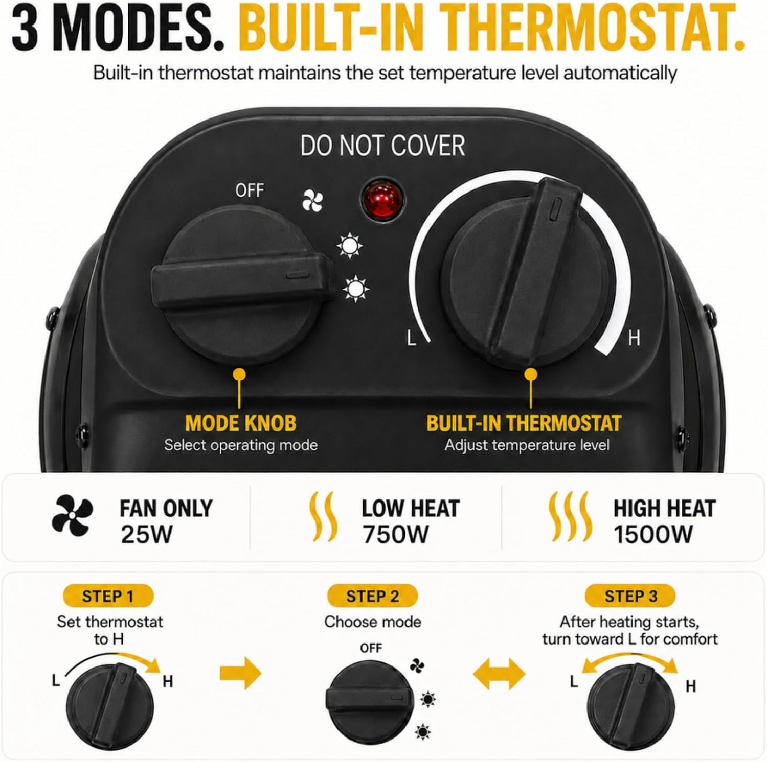 1500W Space Heater, Electric Garage Heater with Fast Heat, Black
