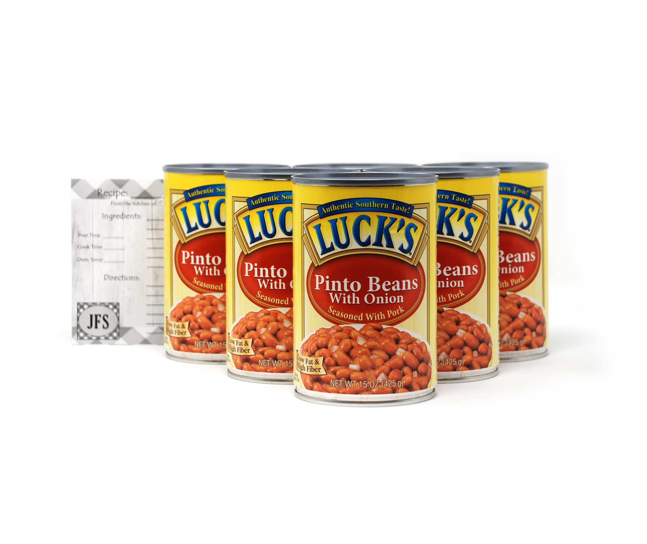 JFS Lucks Pinto Beans with Onions, 6-15 ounce cans full of Plant Protein bundled with Recipe Card