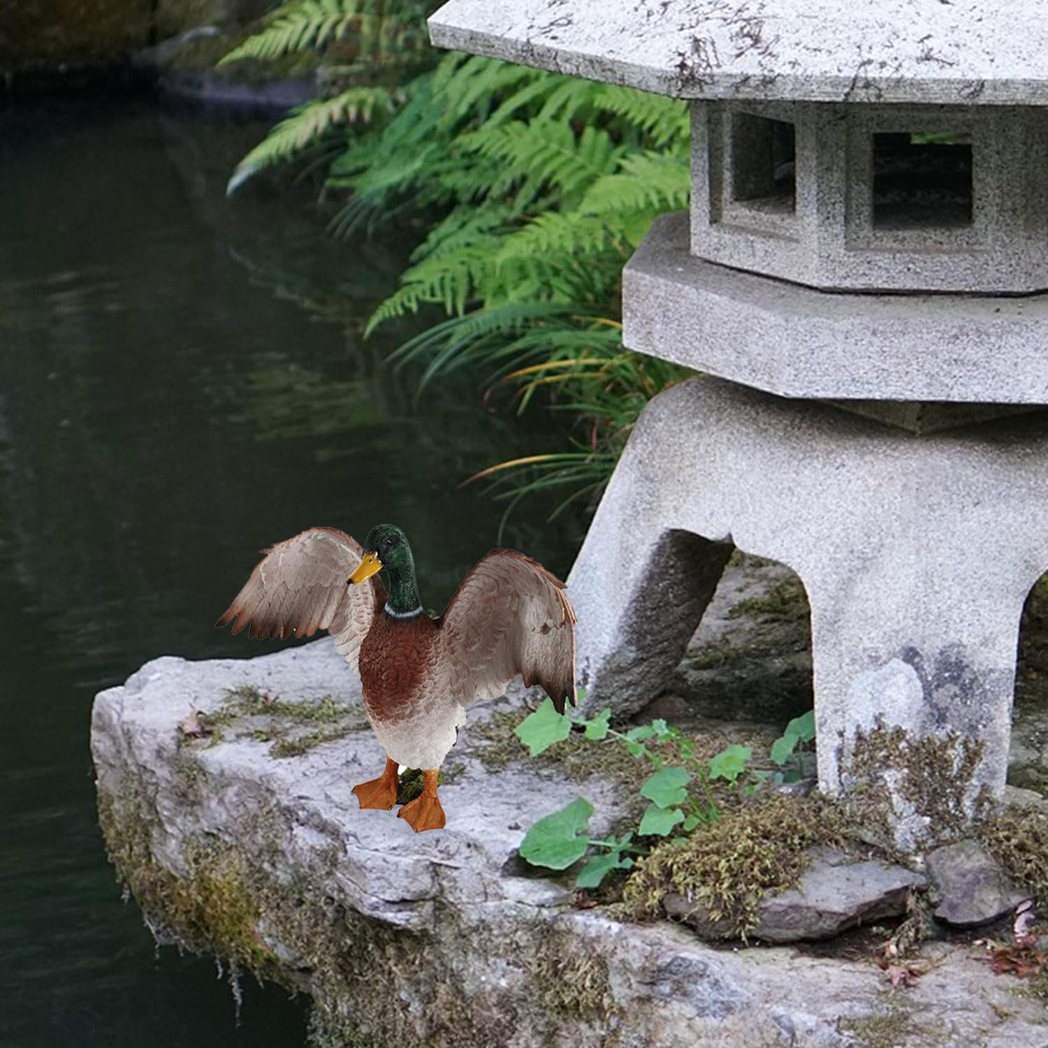 colourliving Enten Figur XL Deko Ente Groß, lebensecht und handbemalt, mit geöffneten Flügeln Deko Enten für den Garten oder Gartenteich