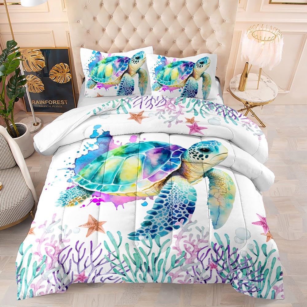 Photo 1 of Suncloris Watercolor Ocean Sea Turtle Comforter Set for Girls Kids Teens, Queen Size Graffiti Tie Dye Ink Turtle Bedding Quilt with 2 Pillowcases - 90" x 90" (06, Queen)