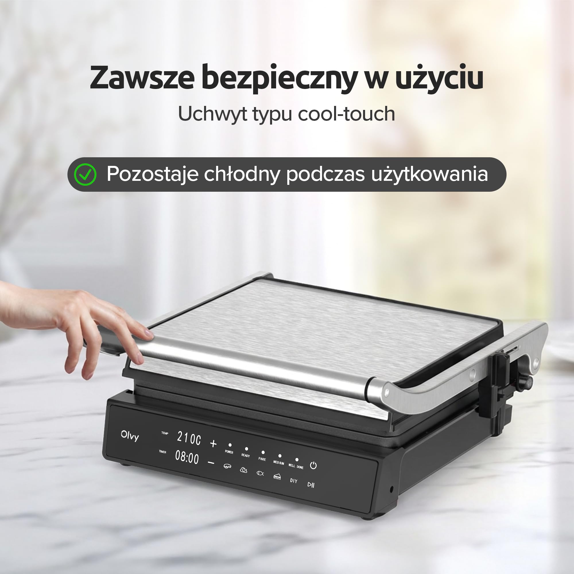 Olvy Grill kontaktowy z ekranem dotykowym, bez PFAS, 5 automatycznych programów, otwór 180°, 2000 W, zdejmowane płyty nieprzywierające, termostat i timer – panini, kanapka, stek i warzywa