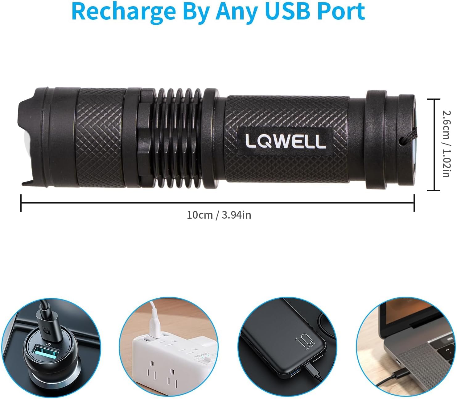 LQWELL® Mini Taschenlampe LED USB C Aufladbar, Zoombares Taschenlampen Klein mit 3 Lichtmodi, Tragbare Hand Flashlight für Camping, Wandern, Notfäll, Laufen, Radfahren, Nachtlesen