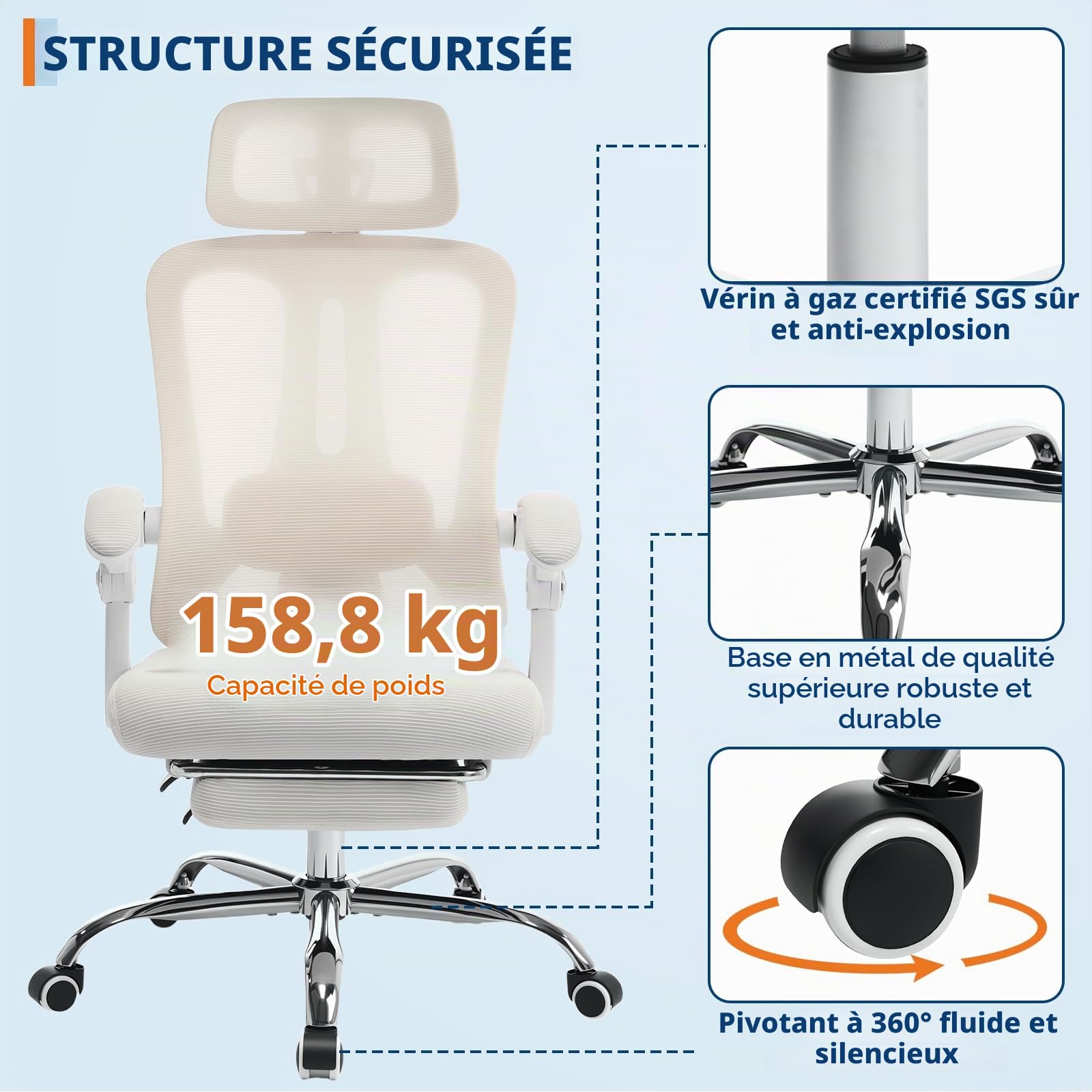 Chaise De Bureau Ergonomique, Chaise en Maille Haute Respirante avec Appui-Tête, Support Lombaire Réglable à 90°-135°, Repose-Pieds Rétractable Et Pivotant à 360° pour La Maison Et Bureau