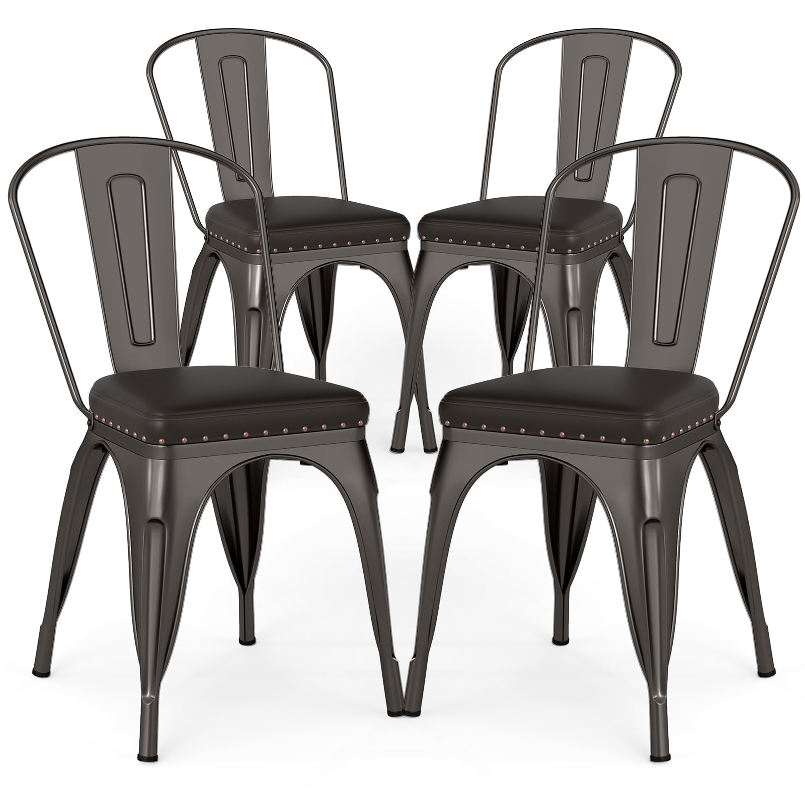 COSTWAY Metal Dining Chairs Set of 4, 18.5 Inch Stackable Industrial Kitchen Tolix Side Chairs with Cushions, Detachable High Back for Dining Room,