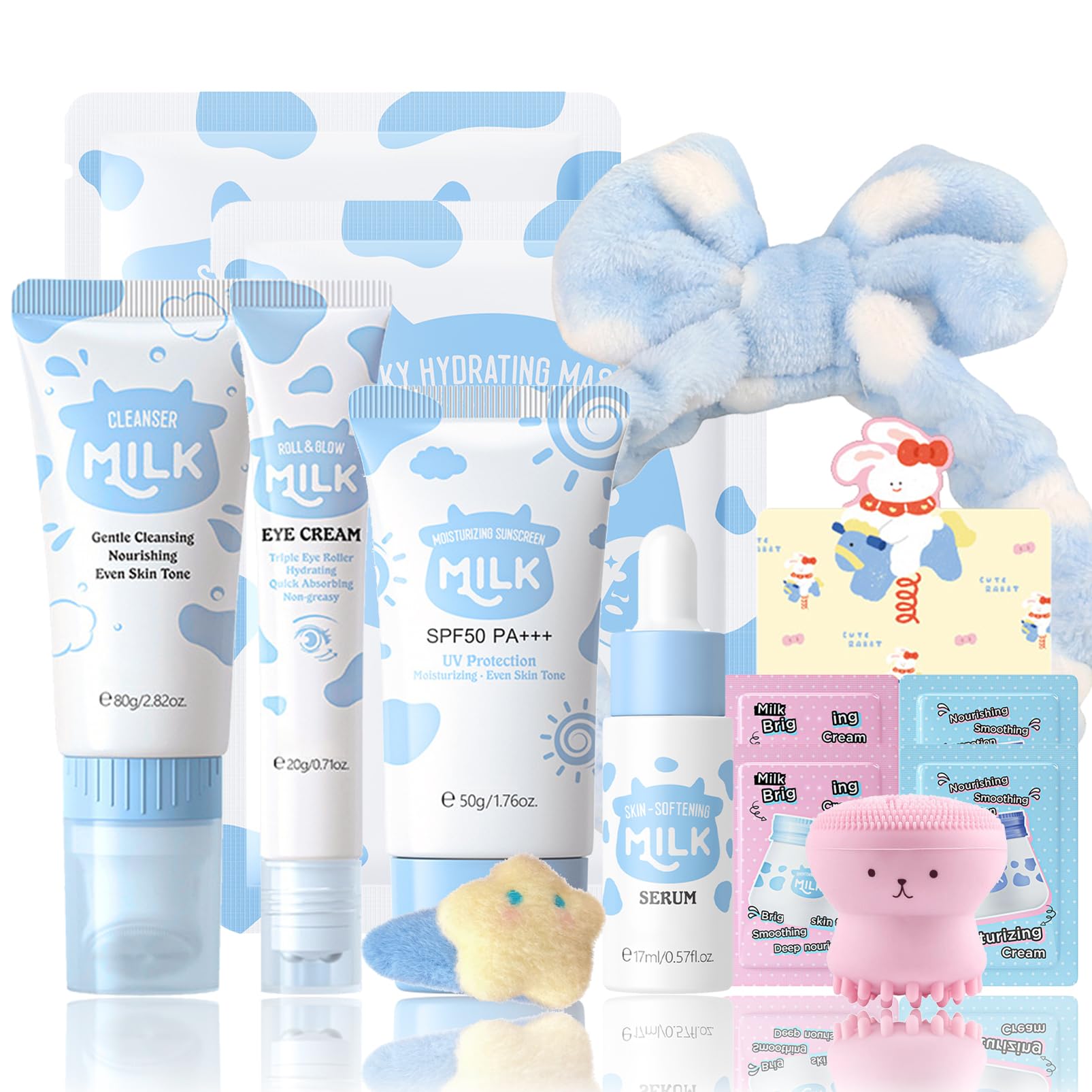 14 In 1 Milk Skincare Set for Women & Teens, Facial Kit for Women, Facial Skin Care Sets & Kits with Cleanser, Serum, Cream, Sunscreen, Eye Cream,