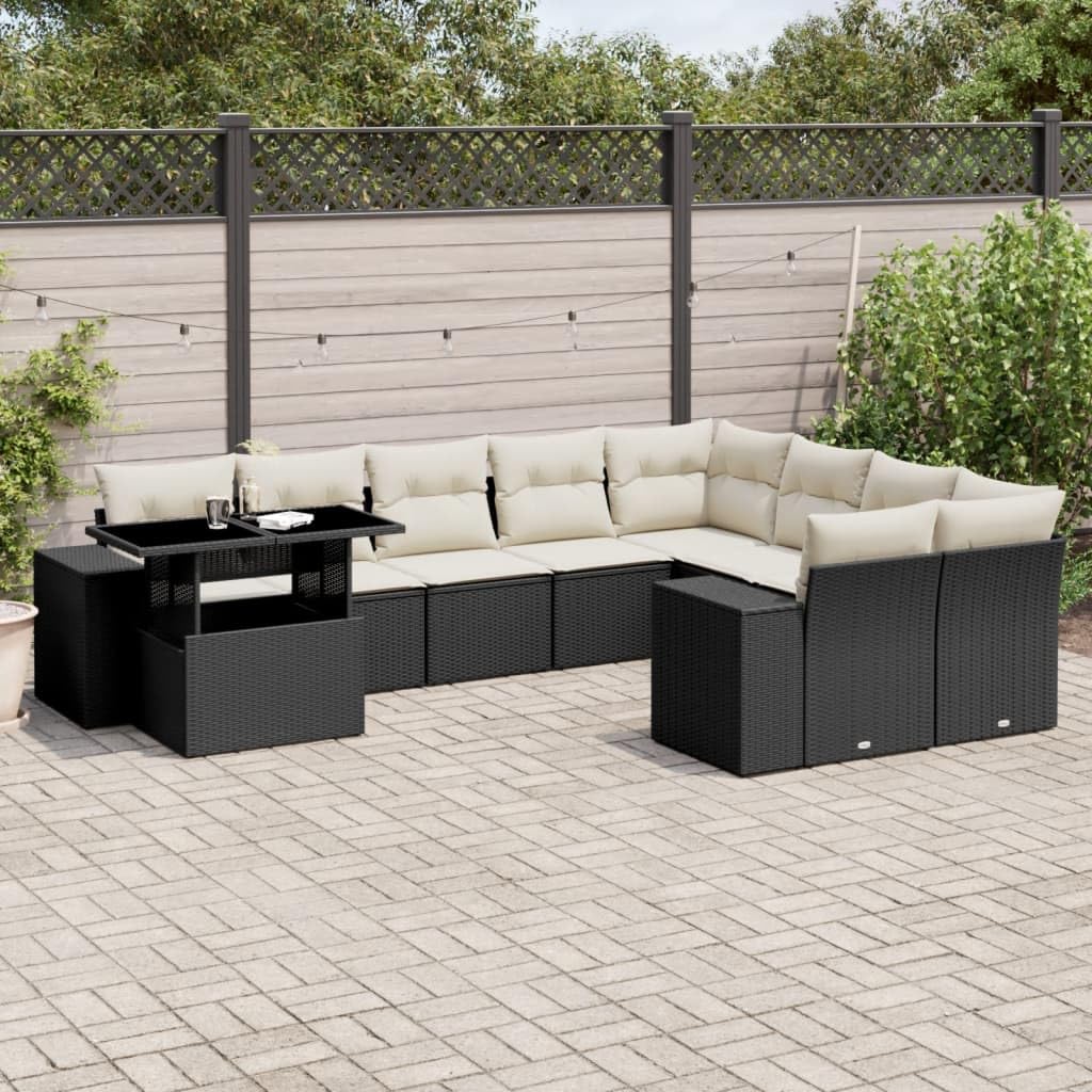 Set di mobili da giardino da 10 pezzi, con cuscini, in polyrattan nero, per terrazza, balcone, esterno, tavolo regolabile in altezza e sedie modulari