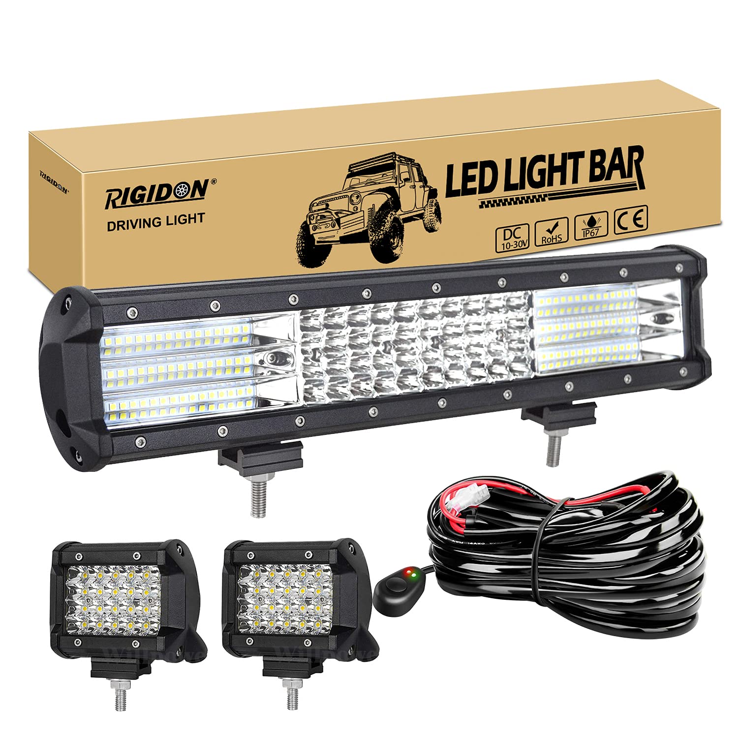 RIGIDON Listwa świetlna LED 38 cm 390 W, z zestawem kabli wiązki przewodów 12 V i punktową lampą roboczą 10 cm 60 W, światło przeciwmgielne 9D do samochodów terenowych, ciężarówek, SUV-ów, UTE, ATV, 4