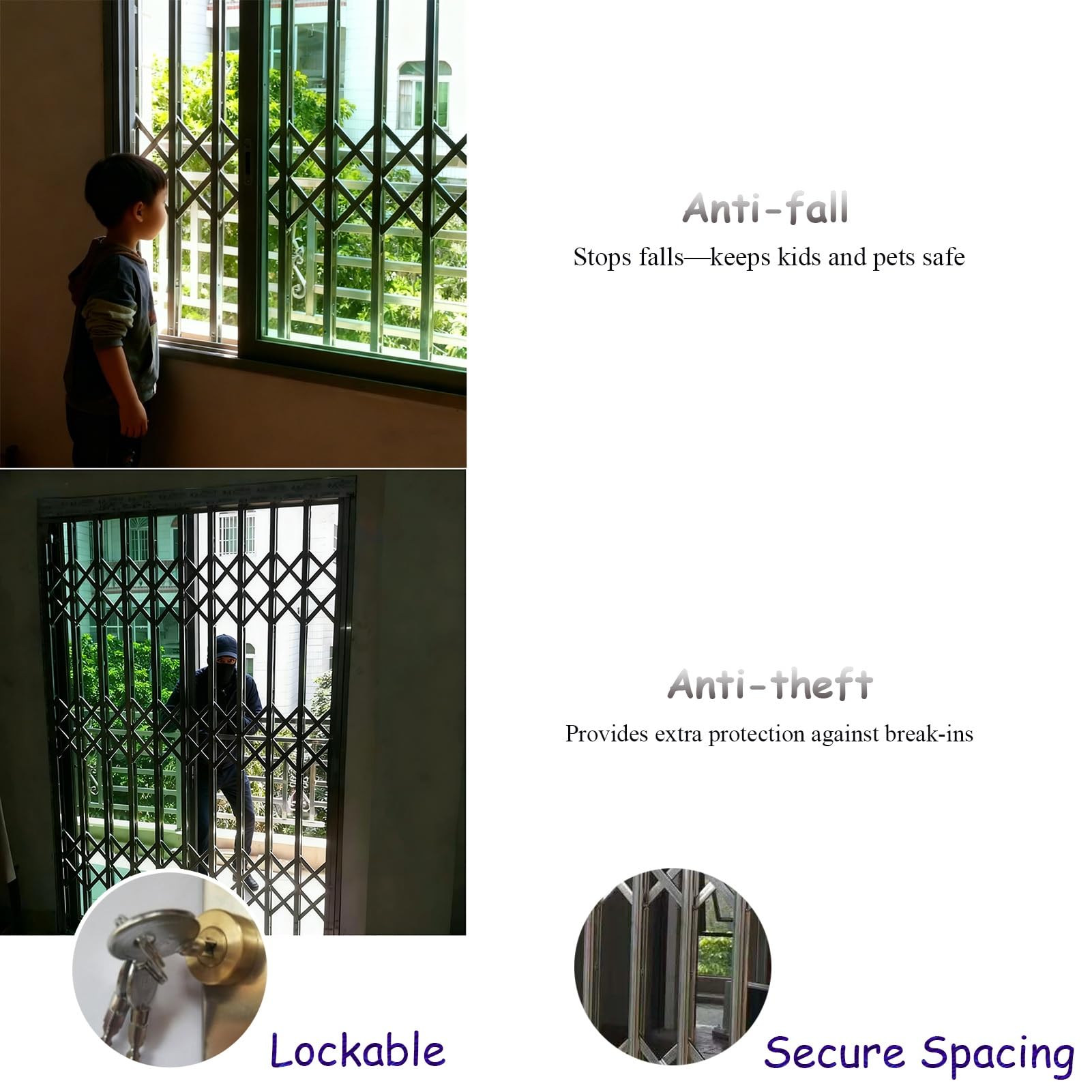 Reja de Seguridad Inoxidable para Ventanas y Puertas Corredizas, Barra de Protección para Garajes, L60xH80cm (24x32 in) - Seguridad y Estilo en tu Hogar.