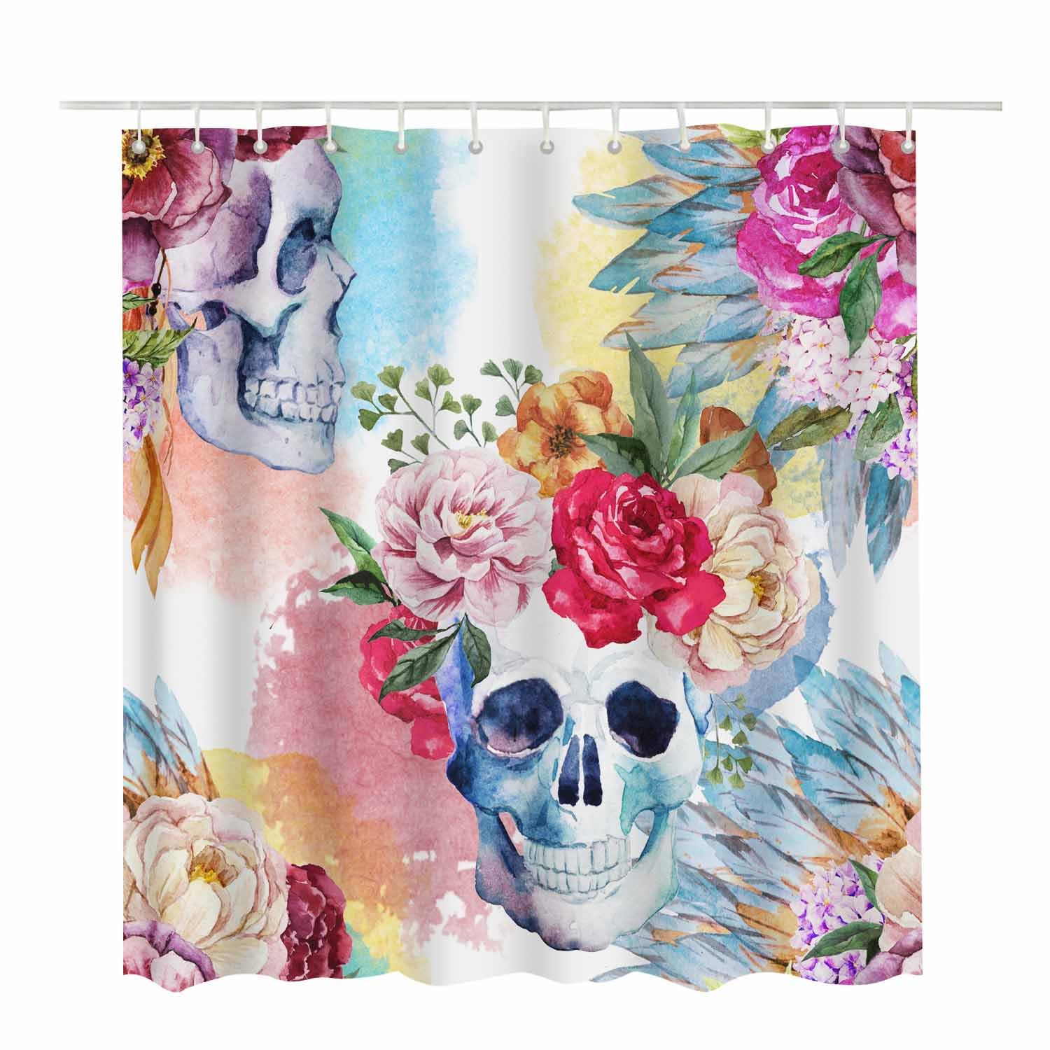 Woutay Shower Curtain Mould Proof Resistant Watercolor Skull Flowers,Water Repellant Fabric,Polyester,with 12 Plastic Hooks - Image 2