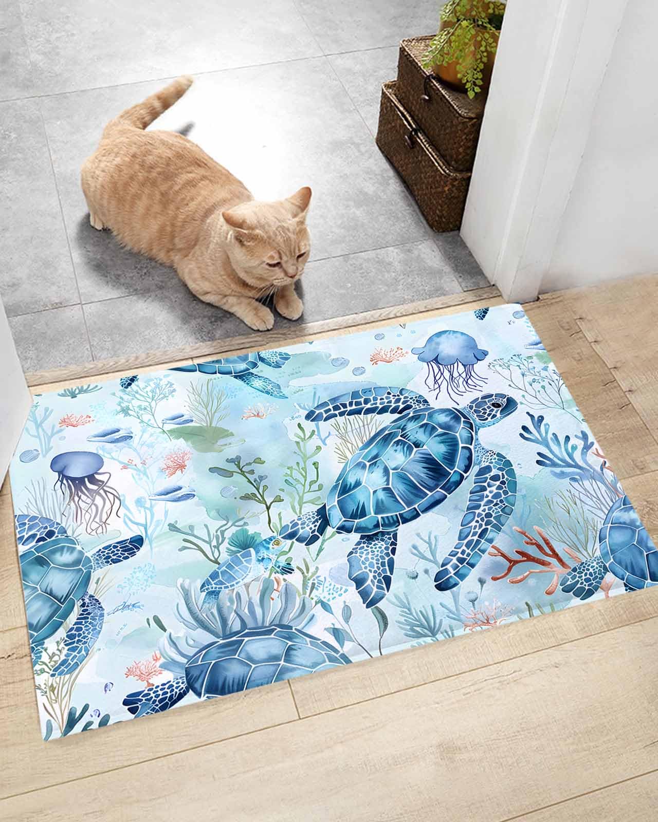 Non Slip Bath Mat for Bathroom Floor Tub Summer Blue Sea Turtle Sailing Coral Jellyfish Bathroom Rug Water