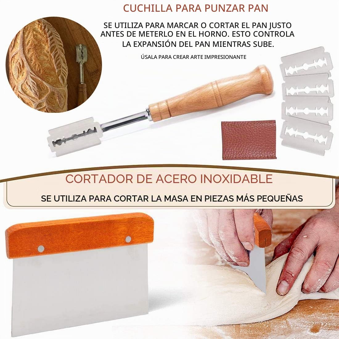 YAANI Juego de 2 cestas para fermentar pan redondas y ovaladas, cesta para fermentar Banneton + batidor de masa + cuchillas para pan + raspador de masa + raspador flexible de regalo