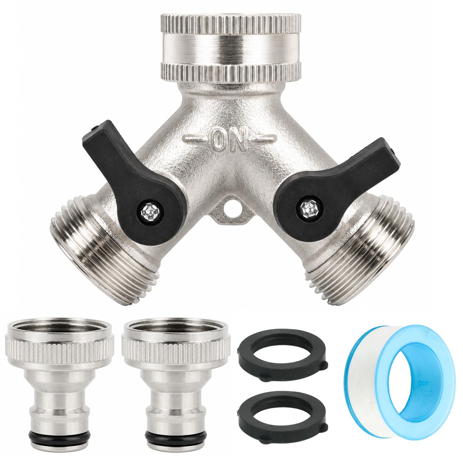 Hose Splitter, 2 Way Garden Brass Hose Faucet Splitter, 3/4" Brass Double Ways Connector with Individual On/Off Control, 2 Quick Connectors for Outdoor & Garden Irrigation (Silver)