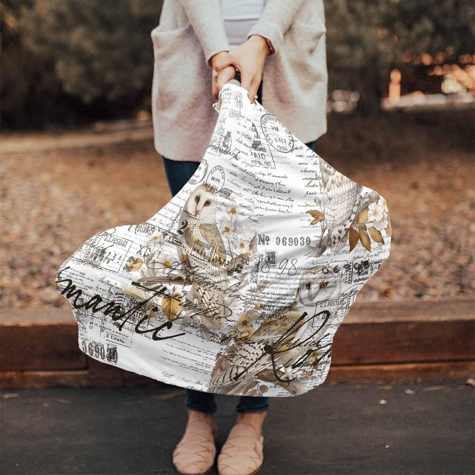 Nursing Cover for Breastfeeding Scarf, Bird Owl Flower Envelope Postmark Black White Baby Car Covers Super Soft Multi Use for Canopy Shopping Cart Cover Blanket Stroller Cover