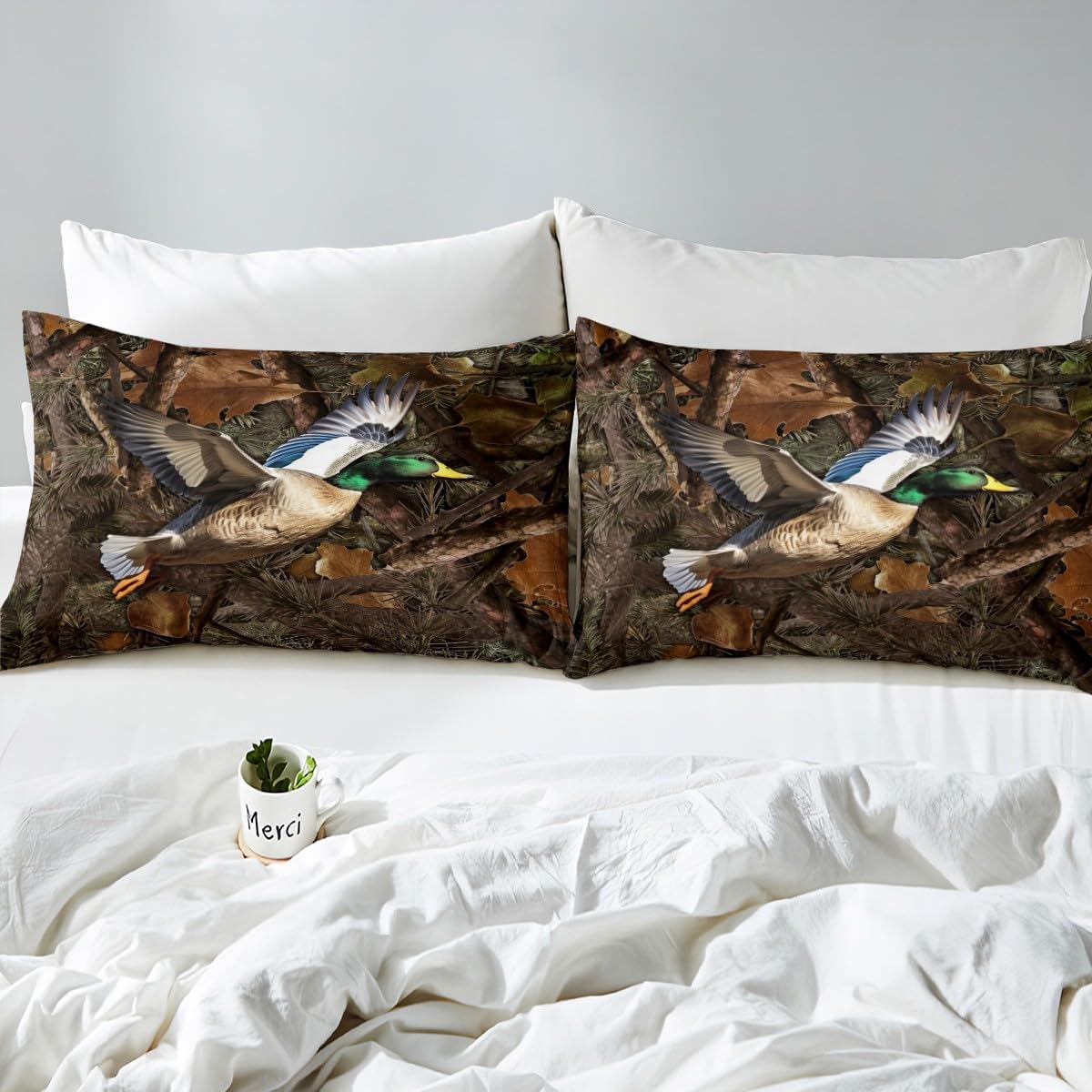 Duck Kids Duvet Cover Set Queen Size,Camo Dead Branches Rustic Farmhouse Bedding Set,Girls Boys Adults Room Decor,Bird Animals Hunting Adventure Comforter Cover,Brown Retro Quilt Cover,2 Pillowcases