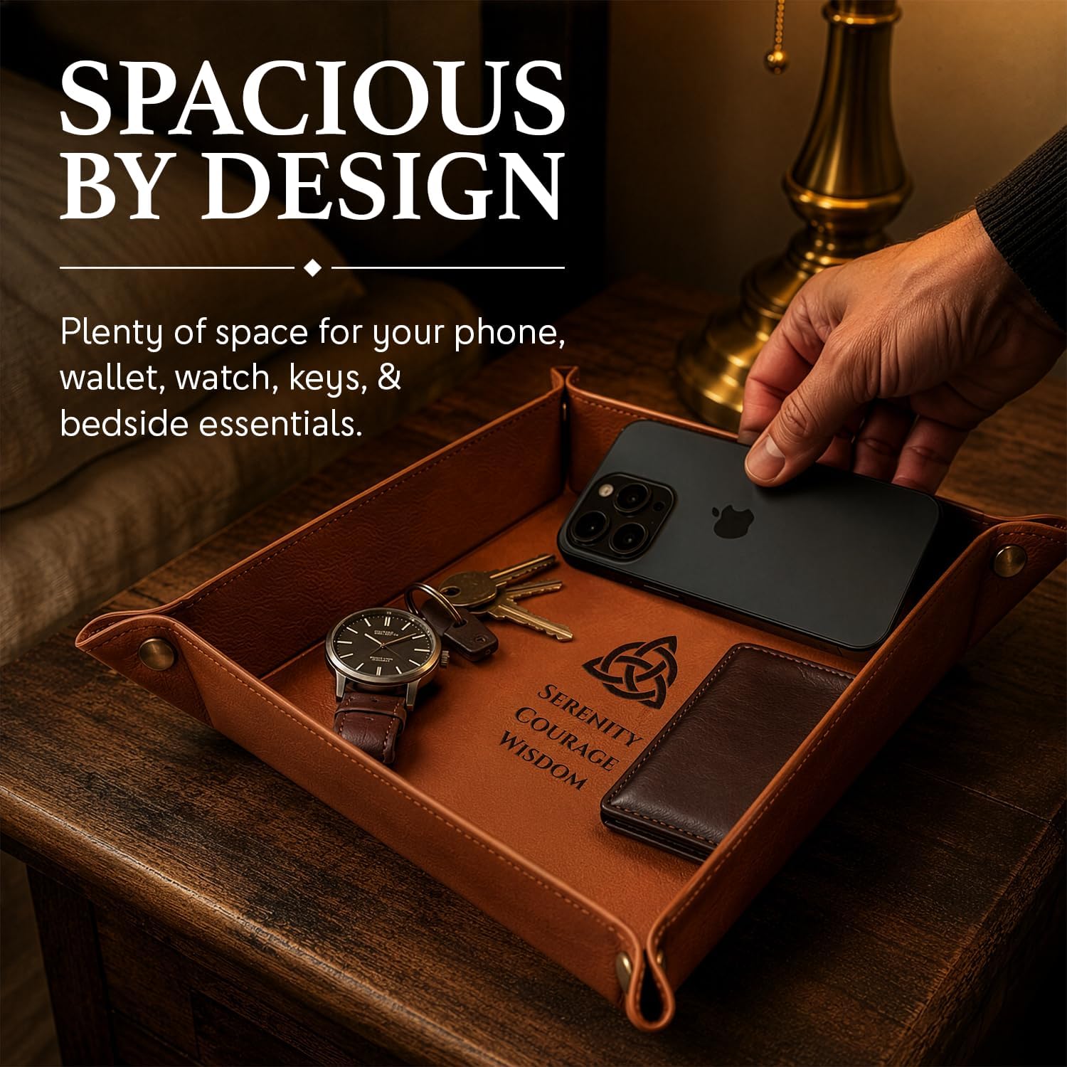 Serenity Prayer Valet Tray & Jewelry Dish, Sobriety Gift for Men and Women | Faux leather engraved triquetra catchall, Nightstand & desk organizer for keys, watch, & rings, Recovery keepsake