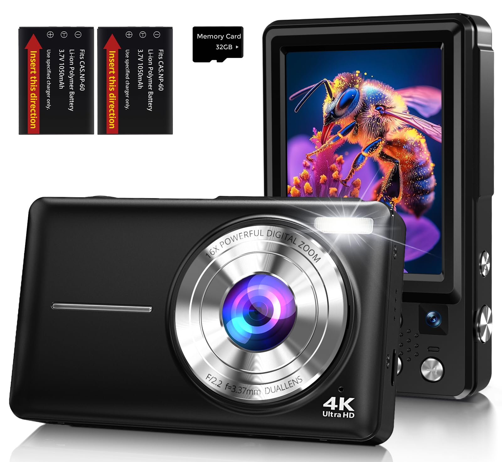 4K Digital Camera 64MP Compact Photo Camera with Dual Camera, Autofocus, 2.8 Inch IPS Screen, 16X Digital Zoom, Anti-Shake, 2 Batteries, 32GB Card for Teen, Beginner