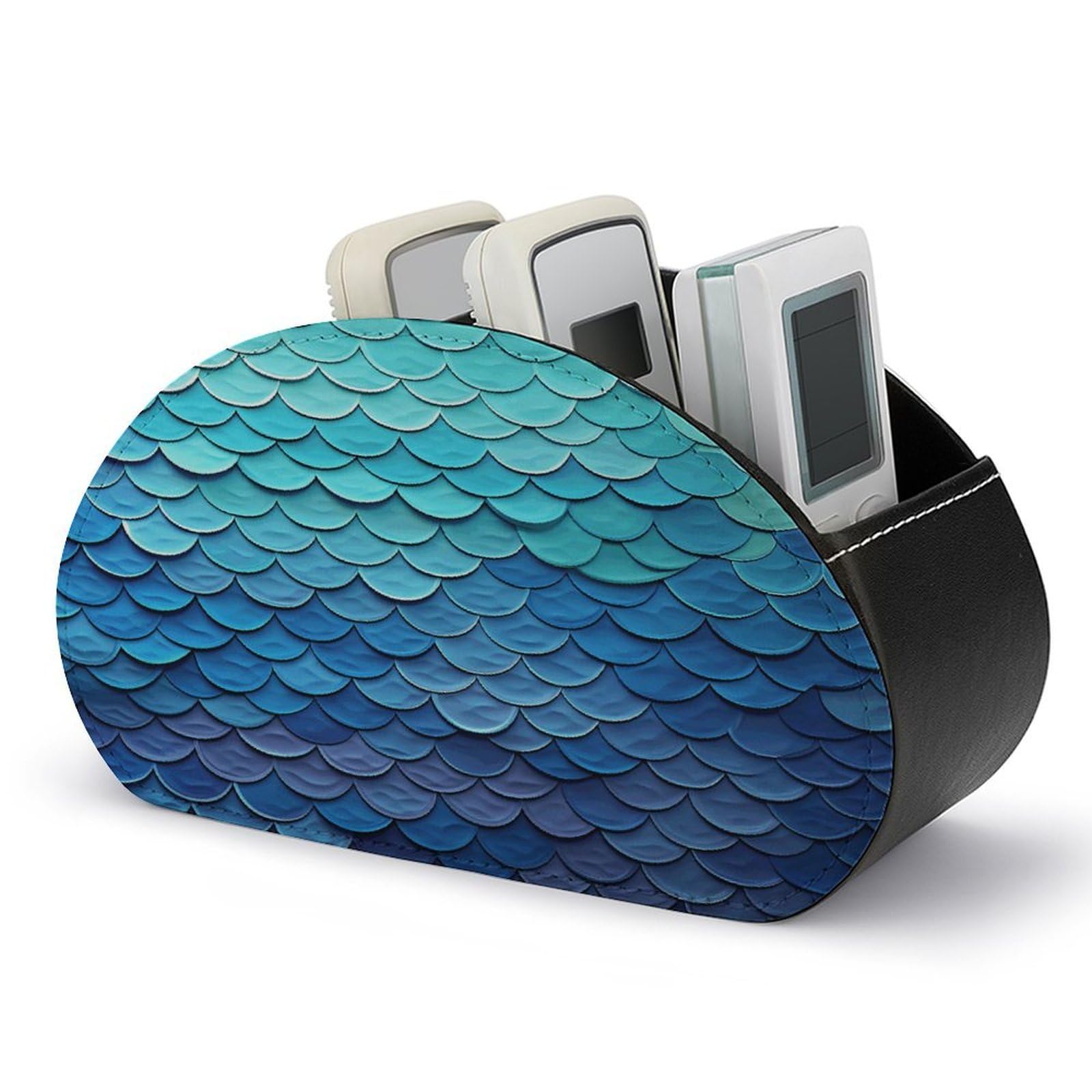 VstaDank Ocean Sea Blue Mermaid Fish Scale Remote Control Holder Farmhouse TV Media Remote Storage Box with 5 Compartments PU Leather Remote Caddy Desktop Organizer for Home Bedside Table Organizer