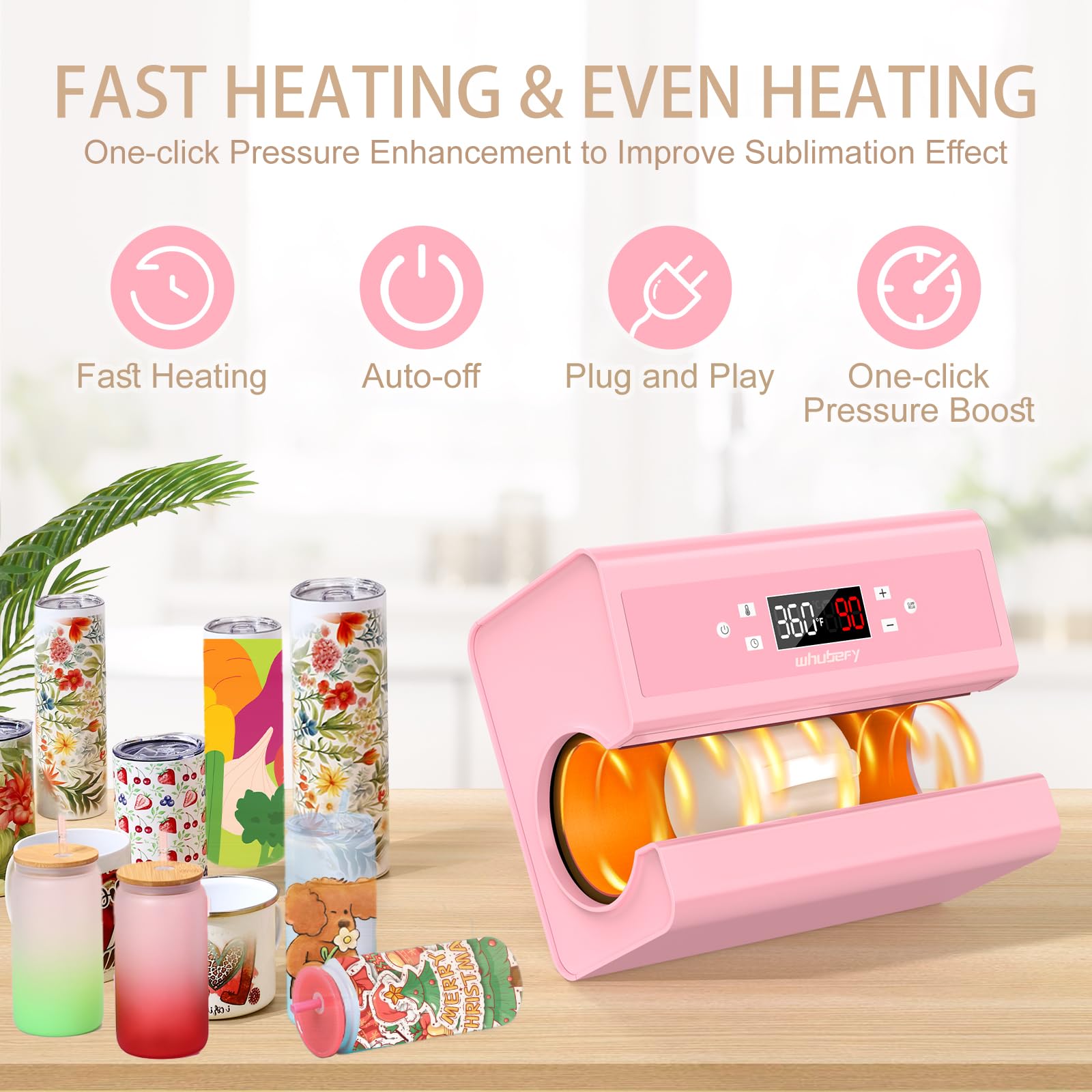 Pressa a caldo automatica per tazze, pressa a caldo rosa da 10 – 30 oz (2,9 – 3,34 pollici), riscaldamento uniforme e veloce, per uso commerciale/domestico con kit di avviamento (rosa)