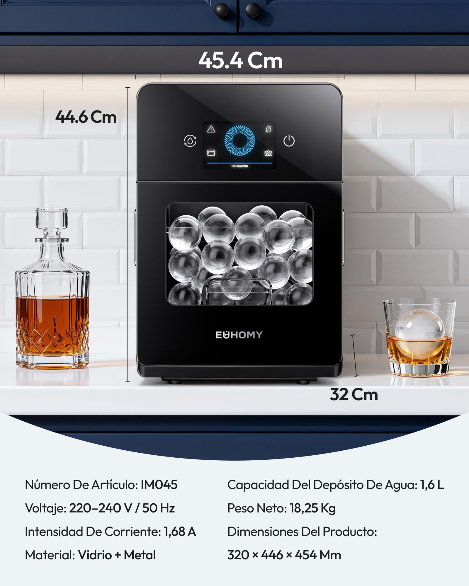 EUHOMY Máquina de Hielo Esférico Autolimpiante, Fabricador de Hielo en Bolas Grandes, 108 Hielos/Día, Ice Maker para Cócteles y Bebidas Premium Negra