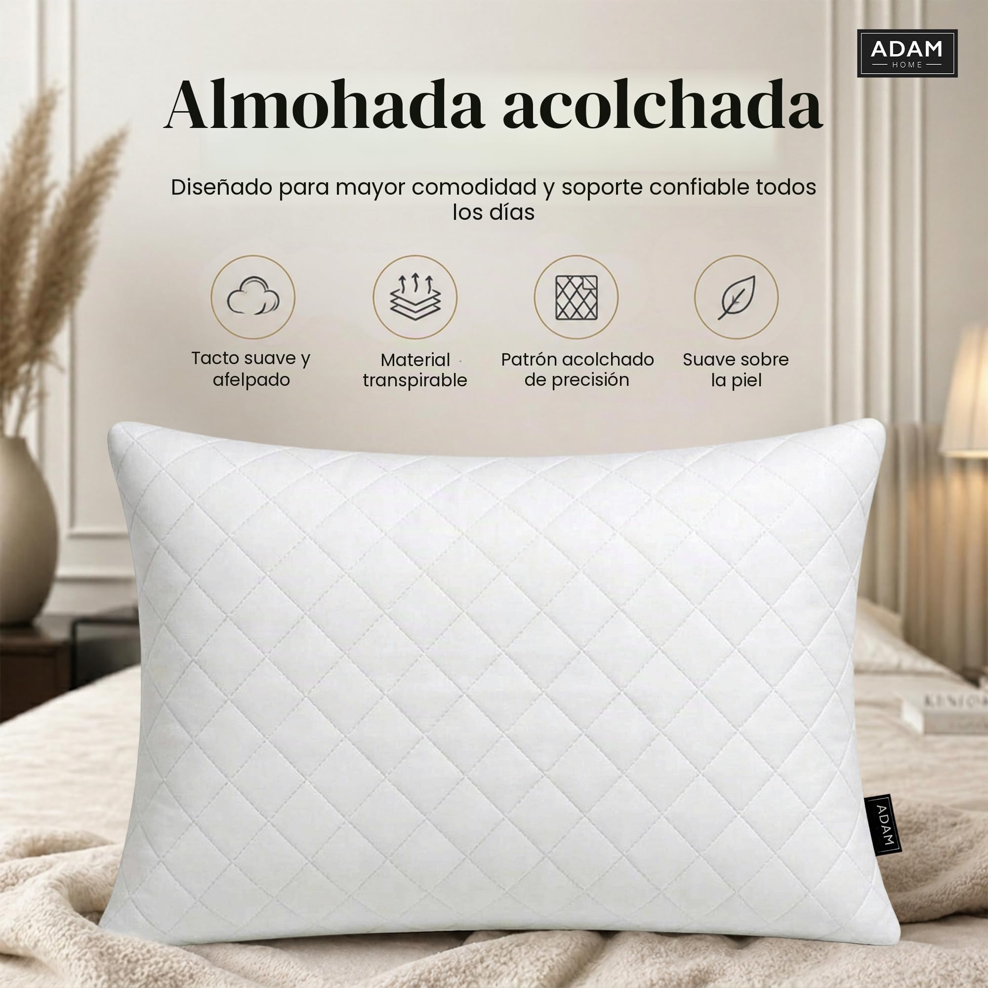 Adam Home Paquete de 6 almohadas prémium con funda acolchada, almohadas rellenas para cama, boca abajo y boca arriba, alternativa al plumón, almohadas de fibra hueca suave