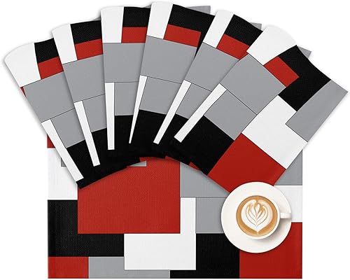 Juego de 6 manteles individuales geométricos modernos de mediados de siglo, color rojo nórdico abstracto, para comedor, mesa de comedor, lavable, disponible en Yaxa Colombia