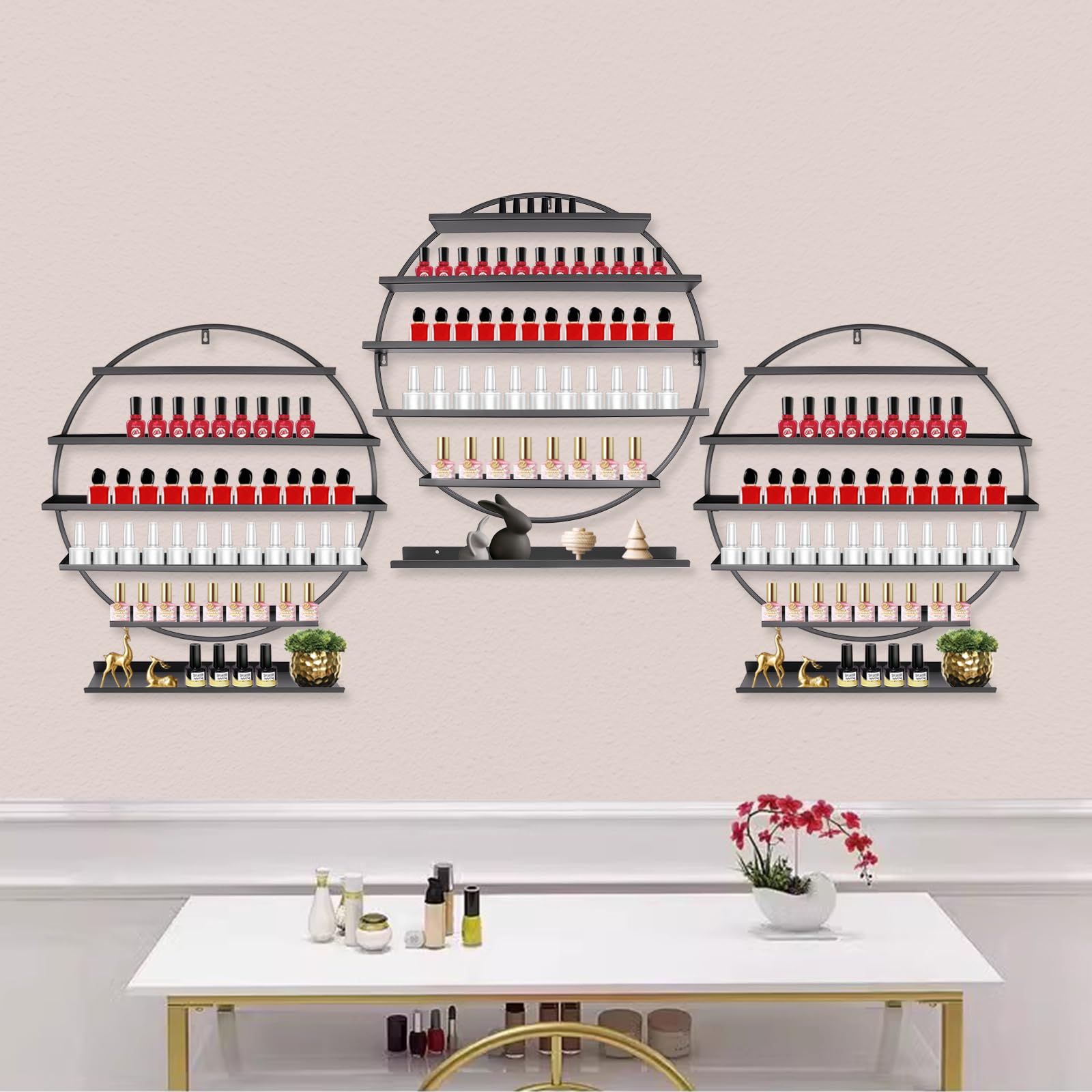 Wandregal Nagellack, 5-Tier Rund Nagellack Aufbewahrung Nagellackhalter, 6 Stück Nagellackständer Regal Metall, Nagelsalon Display Ständer für Lippenstiften, ätherischen Ölen, bis 10kg (Schwarz)