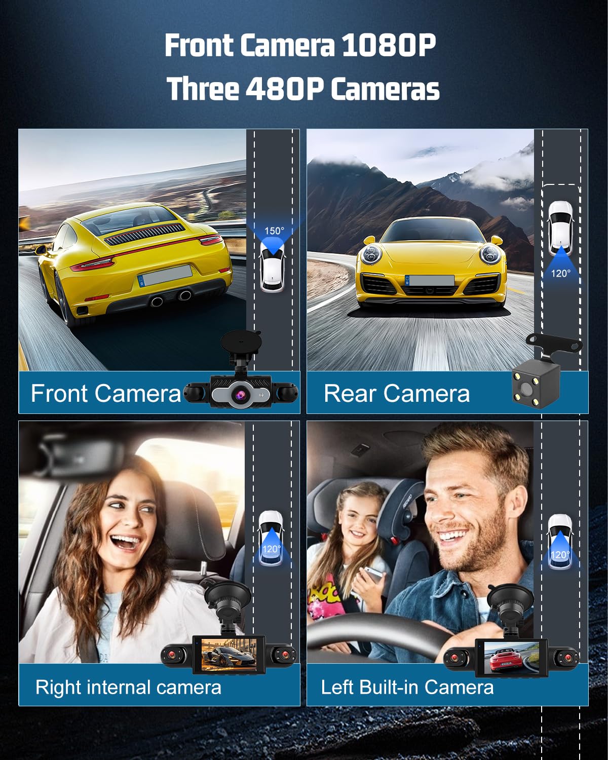 NHOPEEW 3 pollici 1080P 4 canali dash cam per auto, DVR 360°, Dash Cam con rilevamento del movimento, visione notturna, registrazione in loop e compensazione dell'esposizione