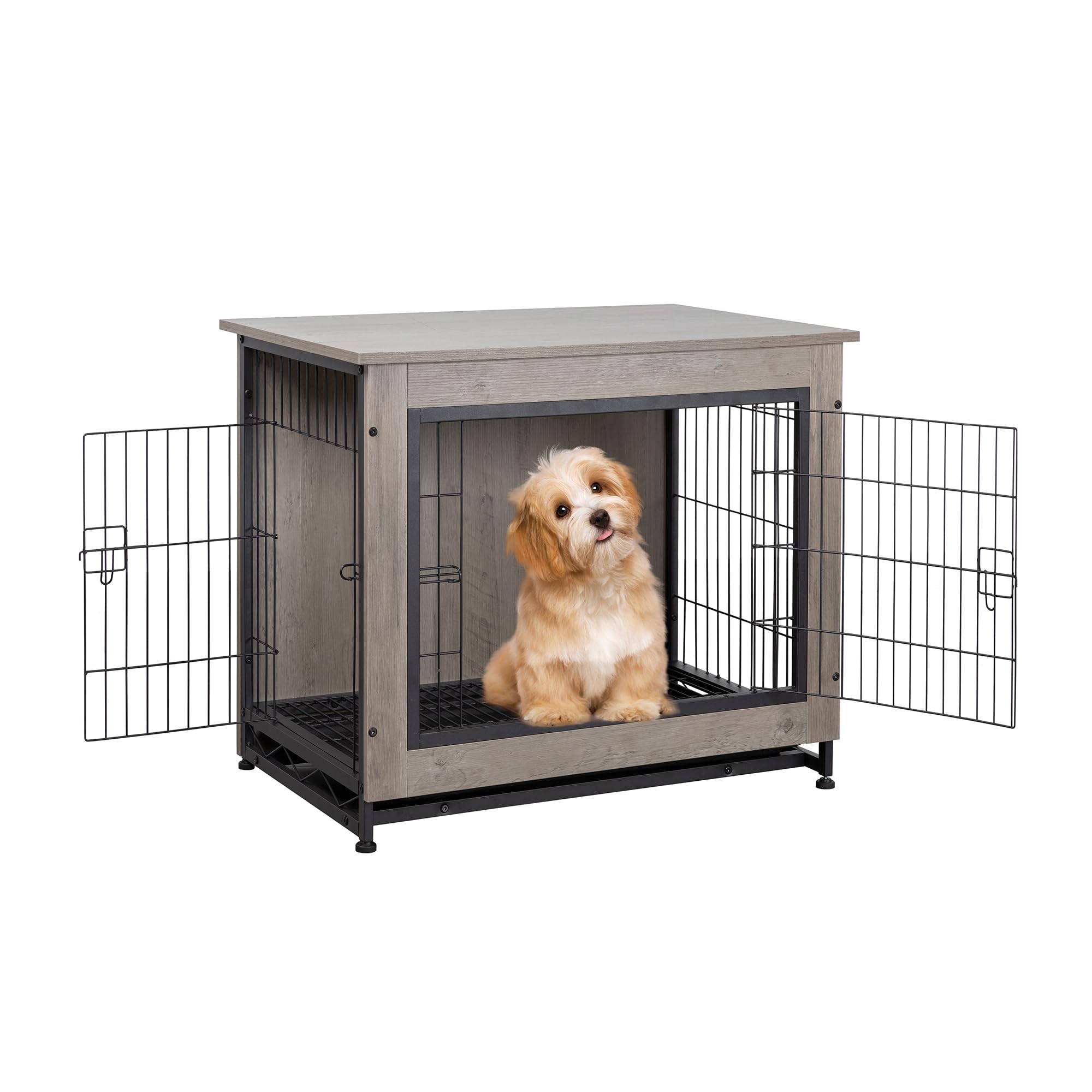 Shintenchi Dog Crate Furniture, Double-Doors Kennel Indoor with Removable Tray, End Table Dog House for Small Breed, 27.2" L, Grey