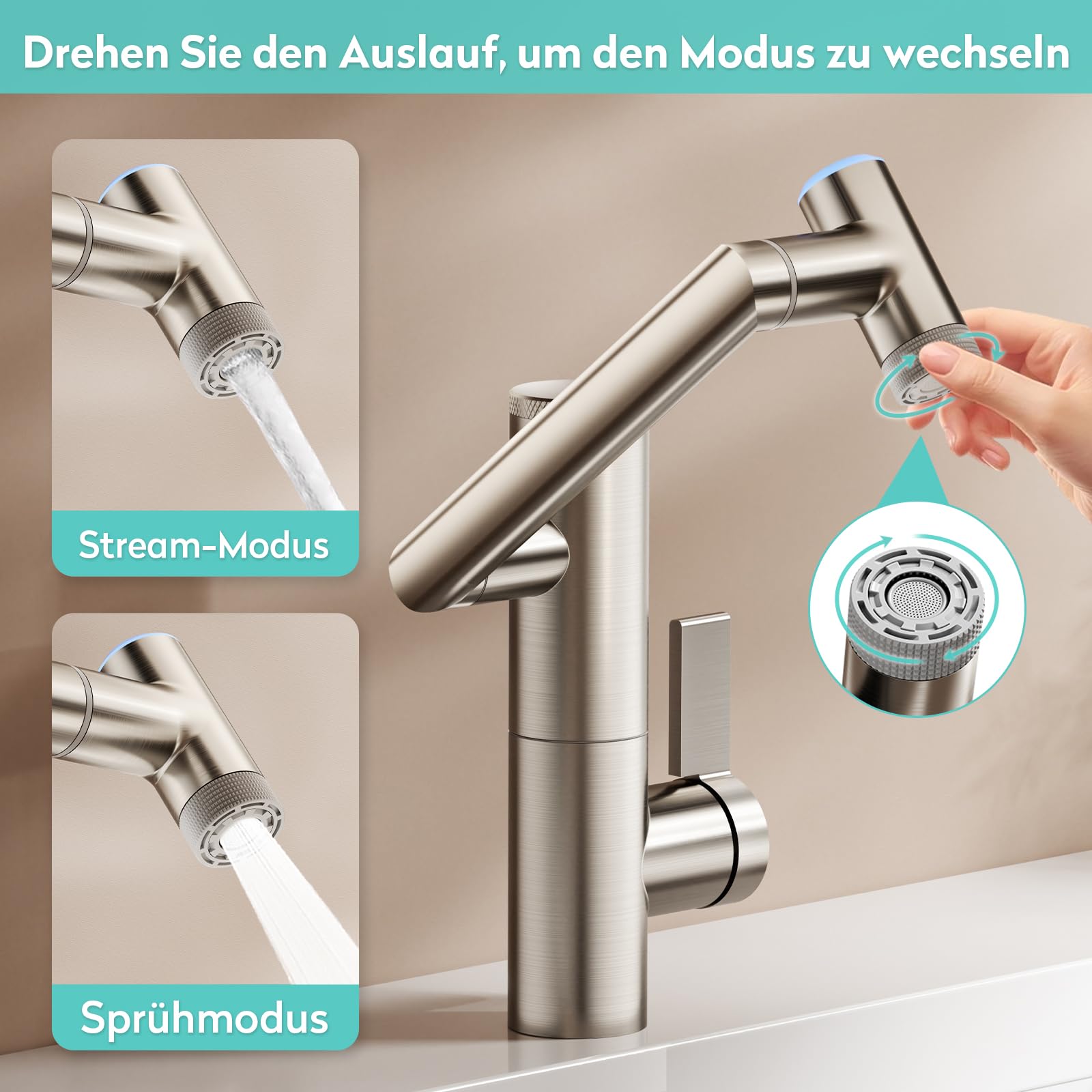 KAIYING Schwenkbare Wasserhahn Bad mit Filter, 1080° Drehbare Waschbecken Armaturen, 2 Sprühmodi Mischbatterie, Einhebelmischer Waschbeckenarmatur Bad mit Temperaturanzeige (Gebürstetes Nickel)