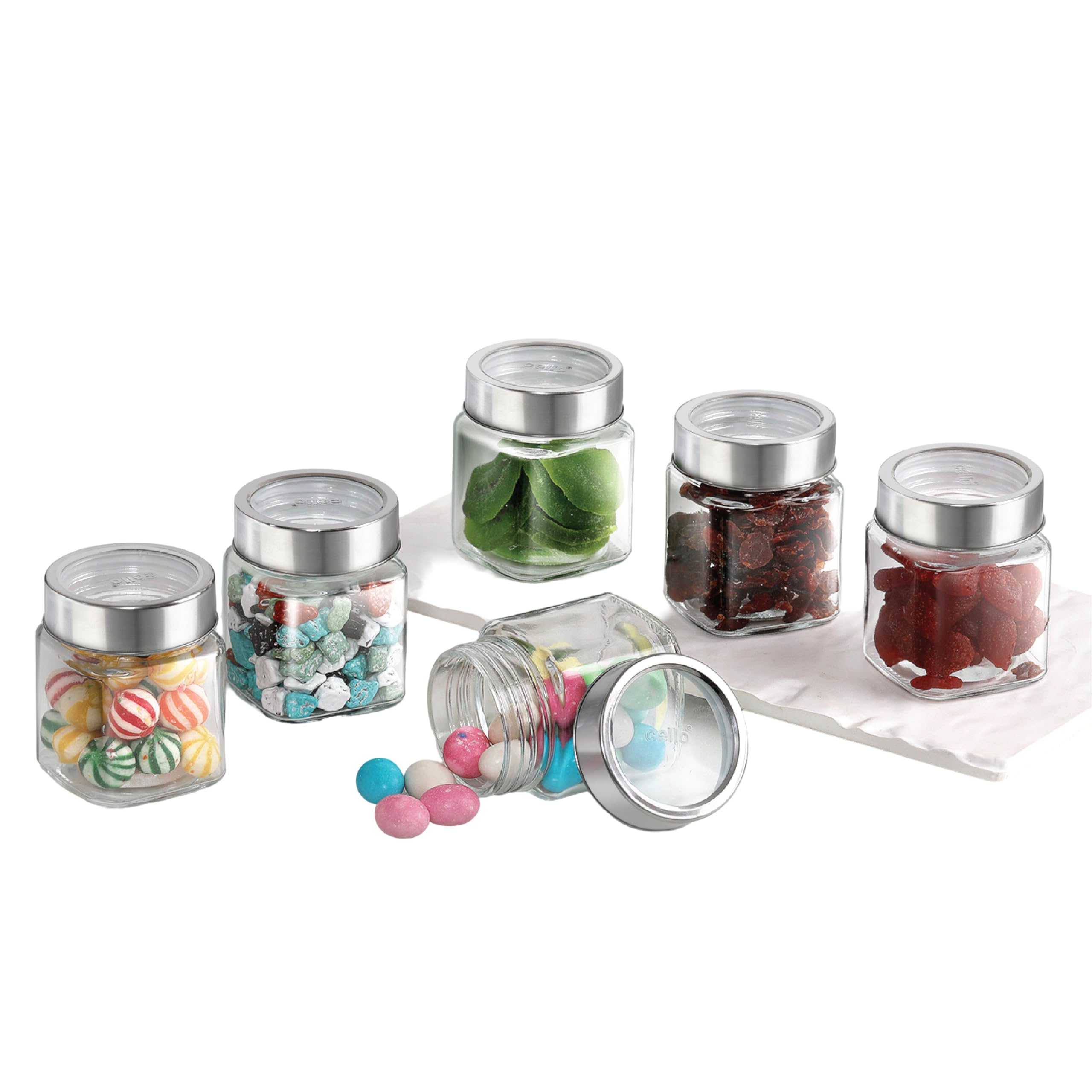 CELLO Qube Fresh Glass Storage Jar for Kitchen Set of 6 Pcs, 180 ml Transparent | Fridge Safe Airtight Leadfree Toughened Glass Kitchen Storage Containers Set For Beans, Whole Grains Spices Dry Fruits